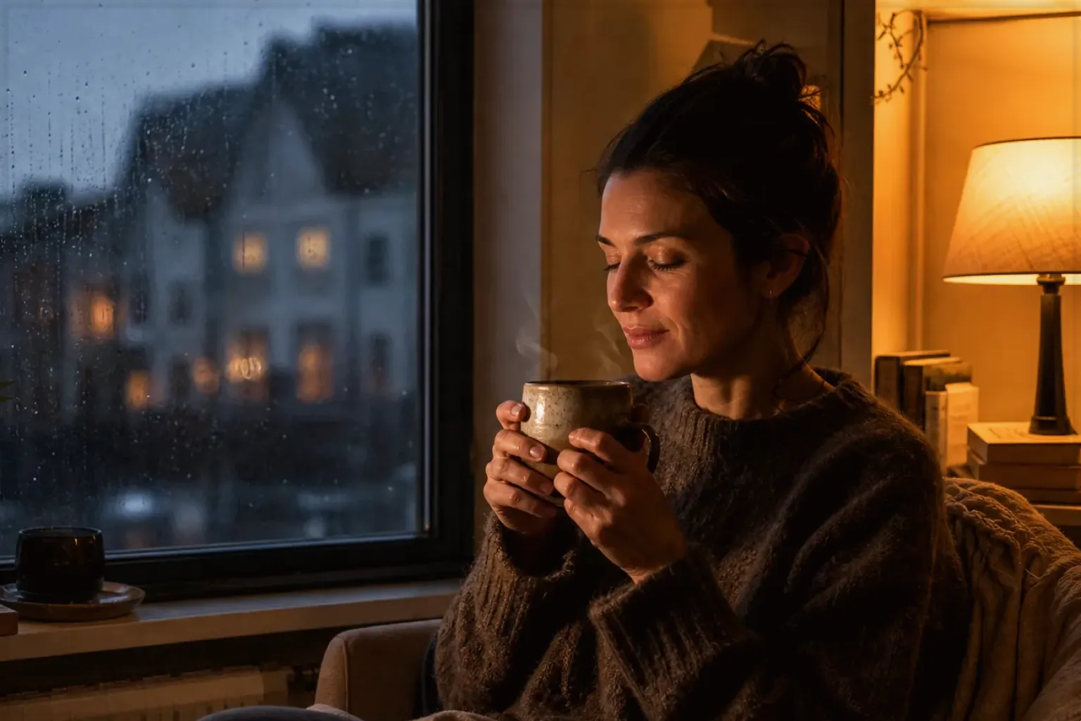 Eine Frau genießt an einem regnerischen Abend ruhig eine warme Tasse Kaffee am Fenster – gezeigt für Haftungsausschluss im Redaktionsseite.