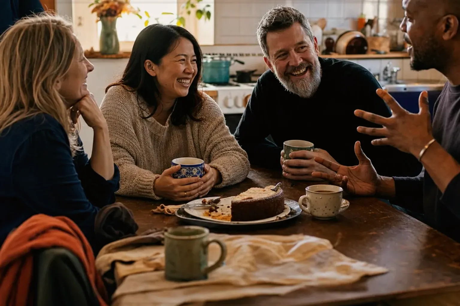 Vier erwachsene Freunde lachen gemeinsam bei Kaffee und selbst gebackenem Kuchen – gezeigt für Haftungsausschluss im Redaktionsseite.