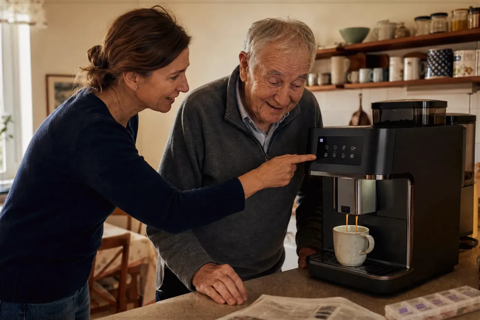 Eine erwachsene Tochter erklärt ihrem Vater verständlich die Bedienung eines Kaffeevollautomaten.
