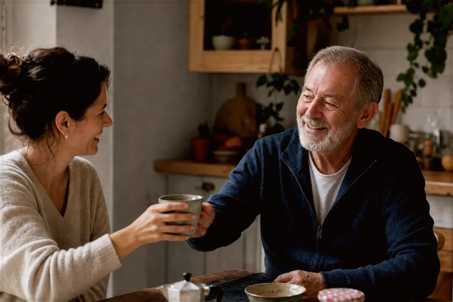 Eine erwachsene Tochter und ihr älterer Vater lachen gemeinsam beim Kaffee in ihrer bewohnten Küche – gezeigt für Impressum im Redaktionsseite.