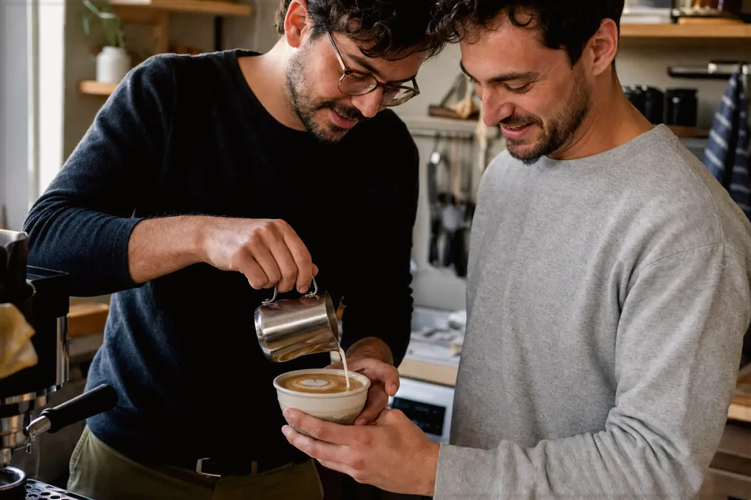 Zwei erwachsene Freunde freuen sich in einer kleinen Küche über ihre gemeinsam gegossene Latte Art – gezeigt für Impressum im Redaktionsseite.
