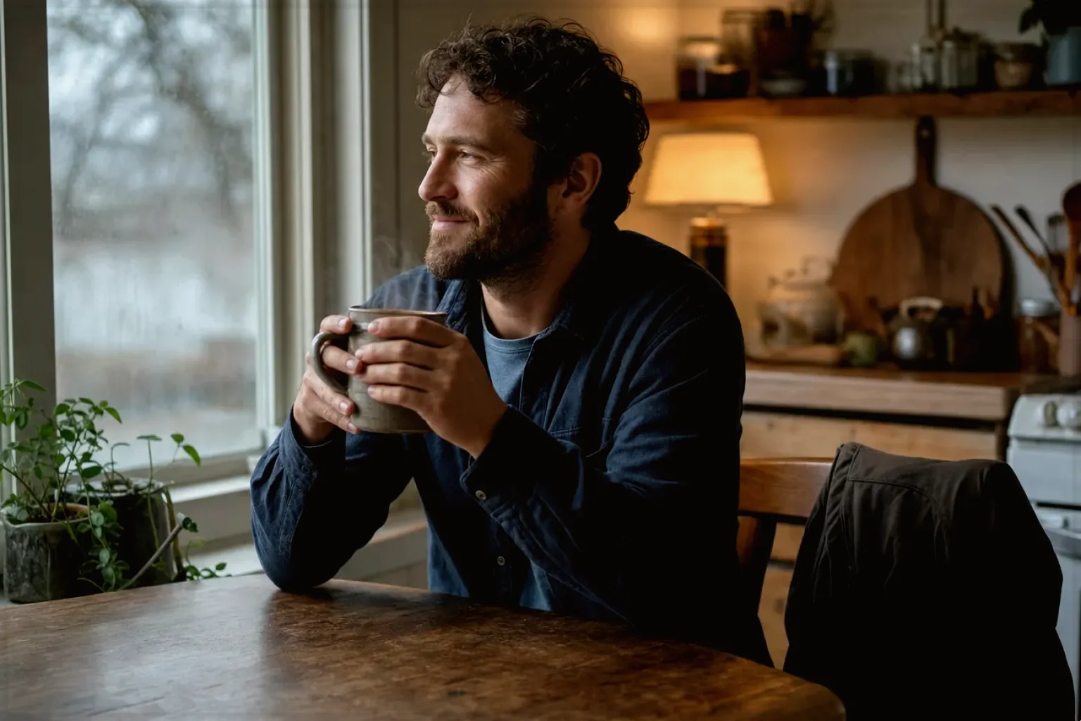 Ein Mann hält nach seinem Arbeitstag eine warme Kaffeetasse und blickt entspannt aus dem Küchenfenster – gezeigt für Impressum im Redaktionsseite.