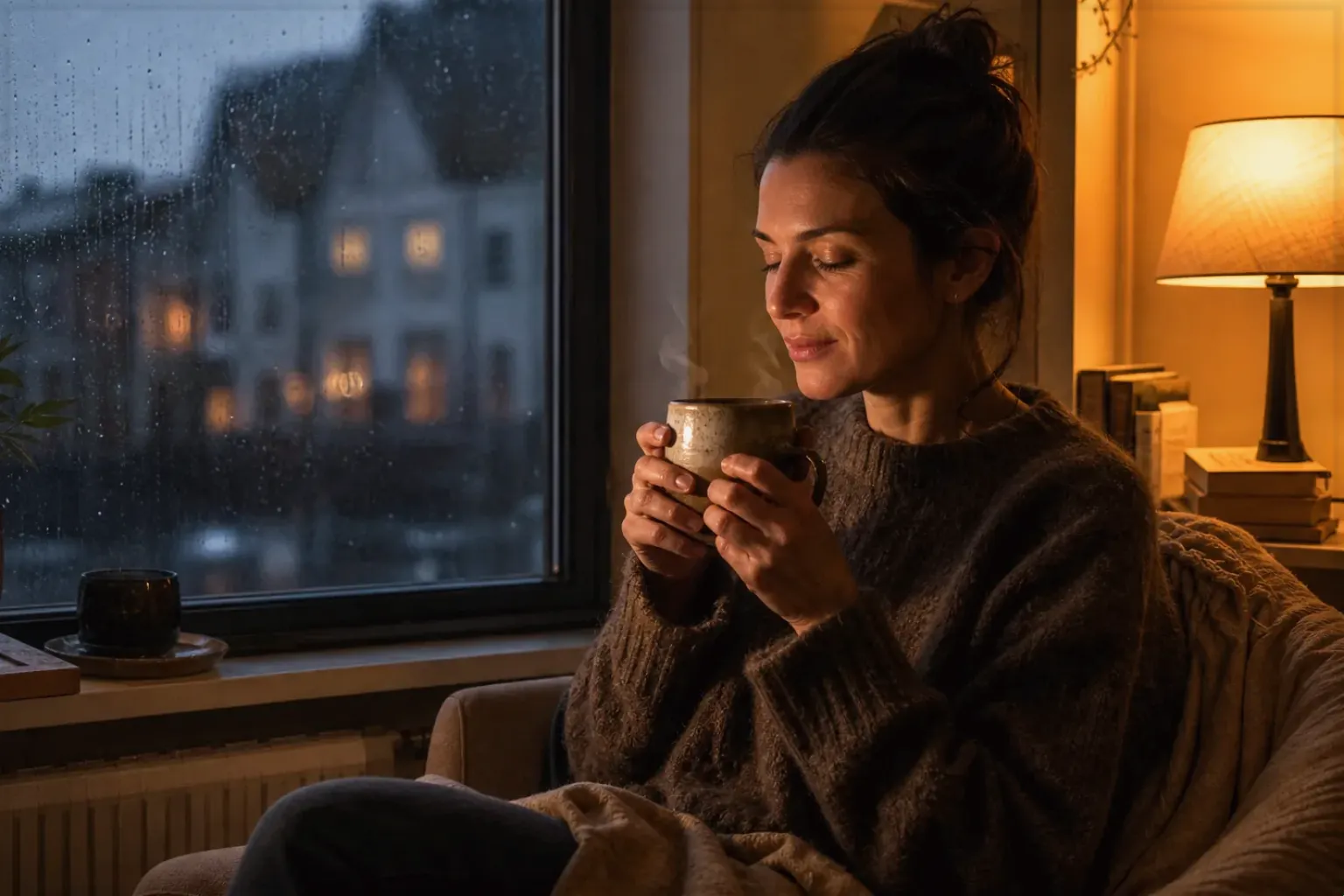 Eine Frau genießt an einem regnerischen Abend ruhig eine warme Tasse Kaffee am Fenster – gezeigt für Impressum im Redaktionsseite.