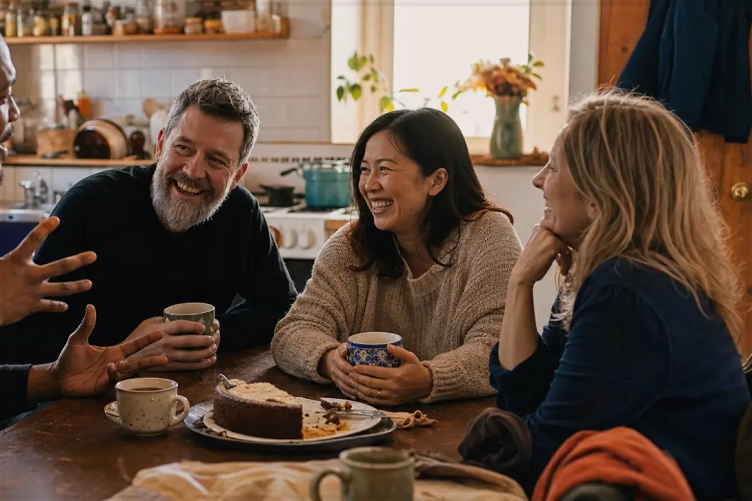 Vier erwachsene Freunde verschiedener Altersgruppen lachen gemeinsam bei Kaffee und selbst gebackenem Kuchen – gezeigt für Impressum im Redaktionsseite.