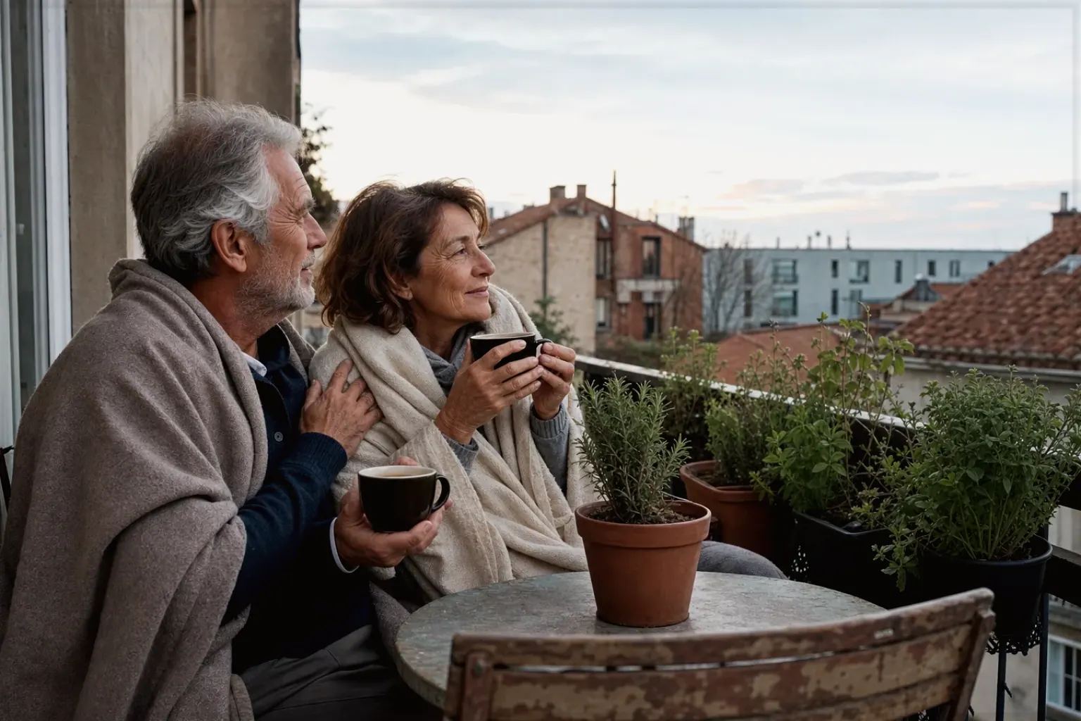 Ein älteres Paar teilt am frühen Morgen Kaffee auf einem kleinen Balkon – gezeigt für Impressum im Redaktionsseite.