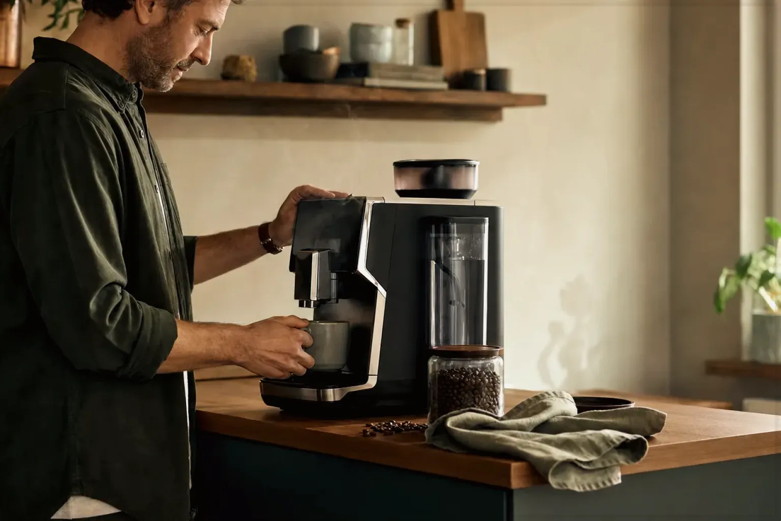 Ein Mann bereitet morgens Kaffee in seiner Küche zu – gezeigt für Impressum im Redaktionsseite.