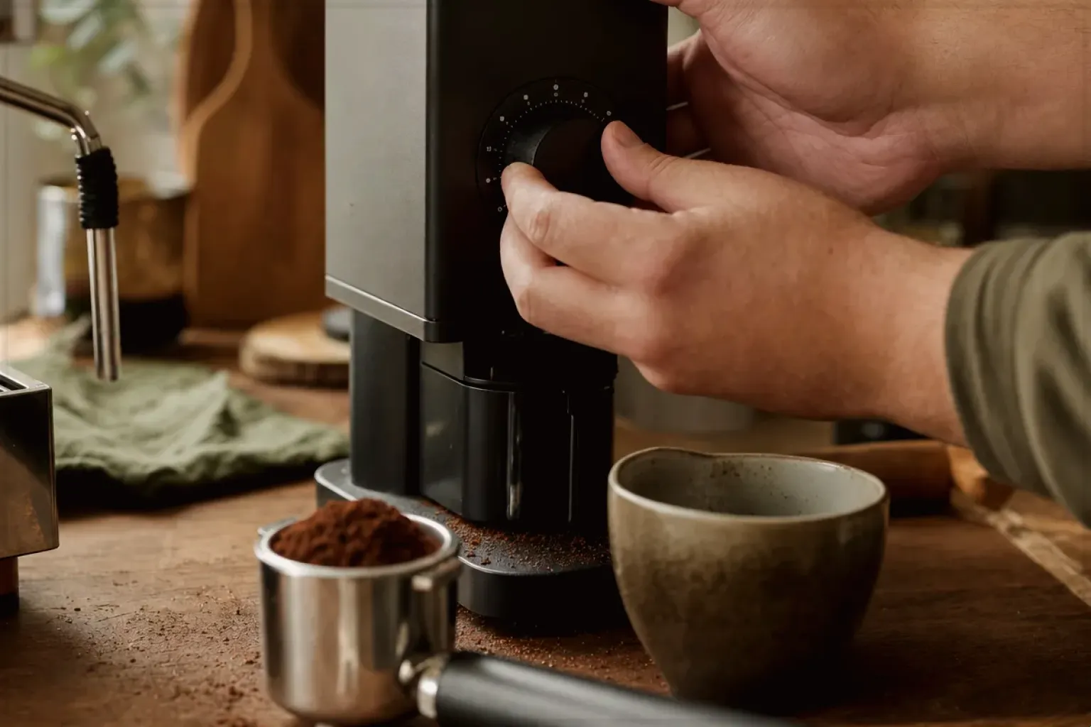 Zwei Hände stellen den Mahlgrad an einer Kaffeemühle neben einer Espressomaschine ein – gezeigt für Impressum im Redaktionsseite.