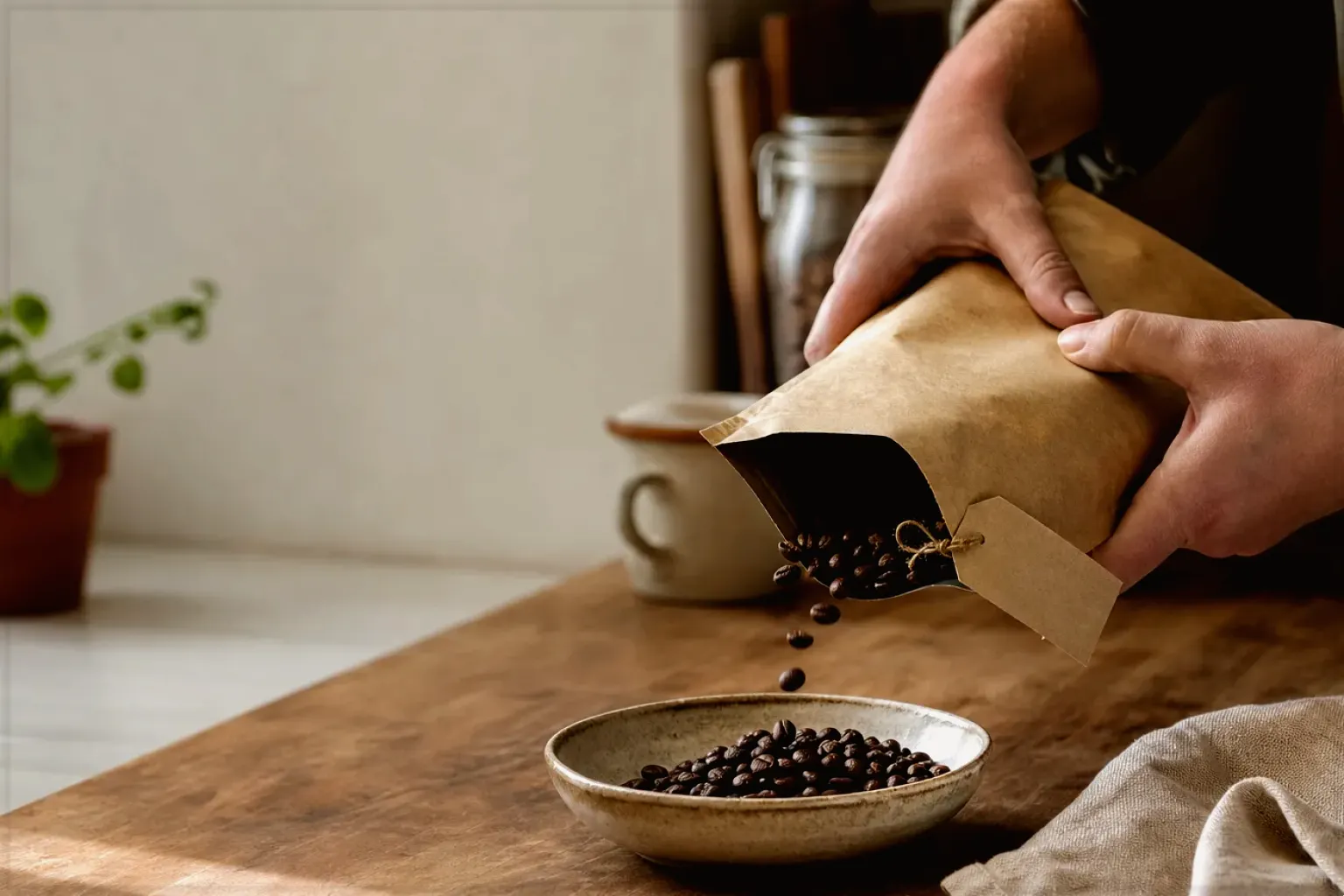 Hände füllen frisch geröstete Kaffeebohnen aus einer Papiertüte in eine Keramikschale – gezeigt für Impressum im Redaktionsseite.