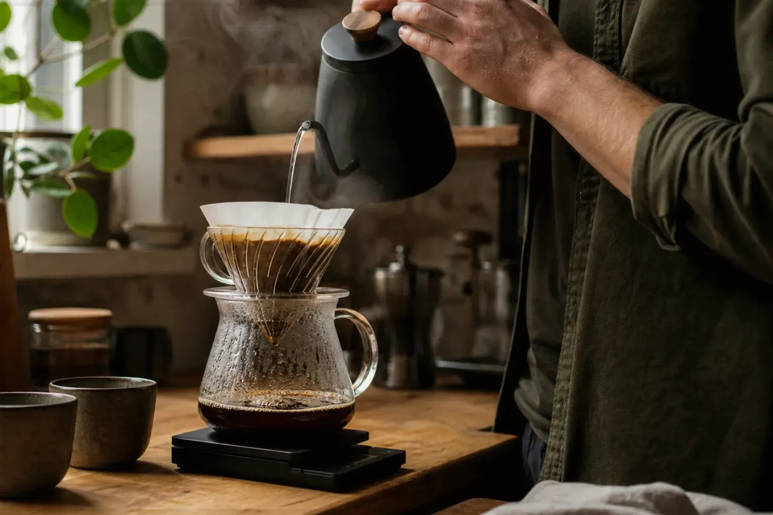 Filterkaffee wird mit einem Schwanenhalskessel von Hand in einer Küche aufgegossen – gezeigt für Impressum im Redaktionsseite.