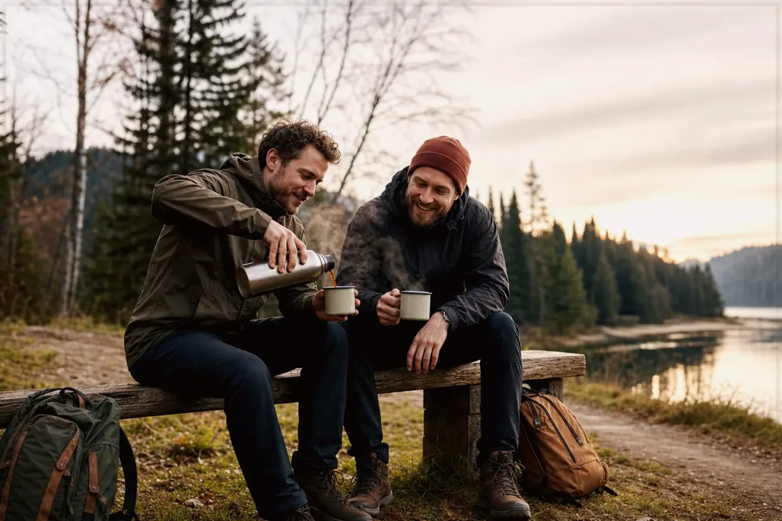 Zwei Freunde teilen auf einer Wanderung heißen Kaffee aus einer Thermoskanne am See – gezeigt für Impressum im Redaktionsseite.