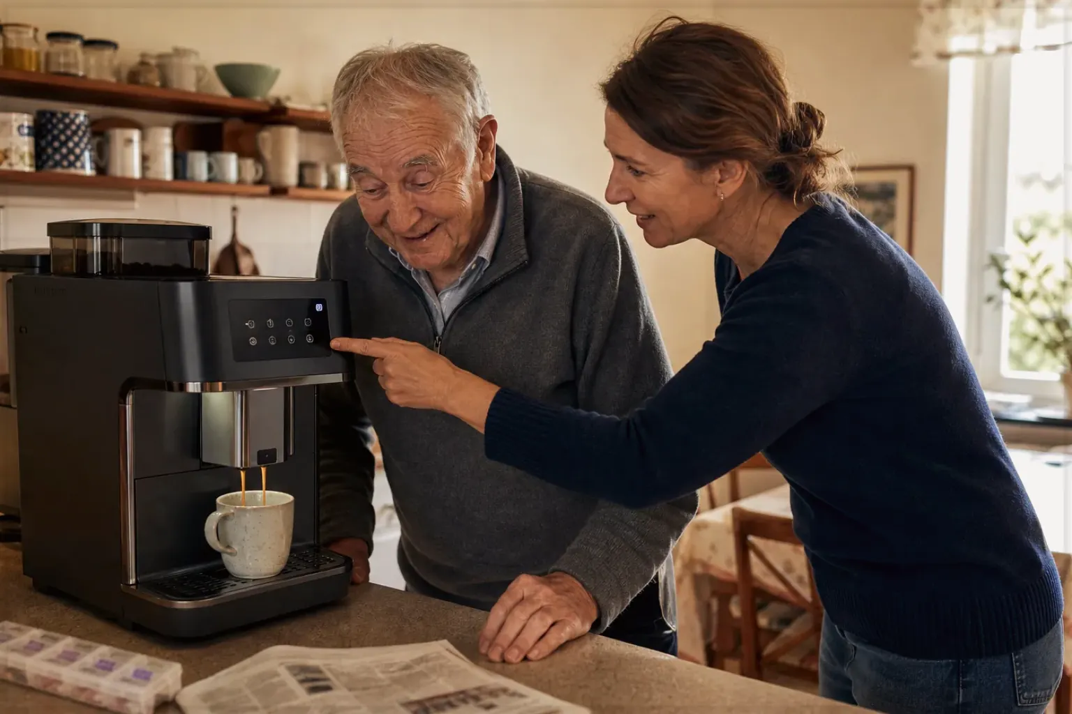 Eine erwachsene Tochter erklärt ihrem Vater verständlich die Bedienung eines Kaffeevollautomaten.