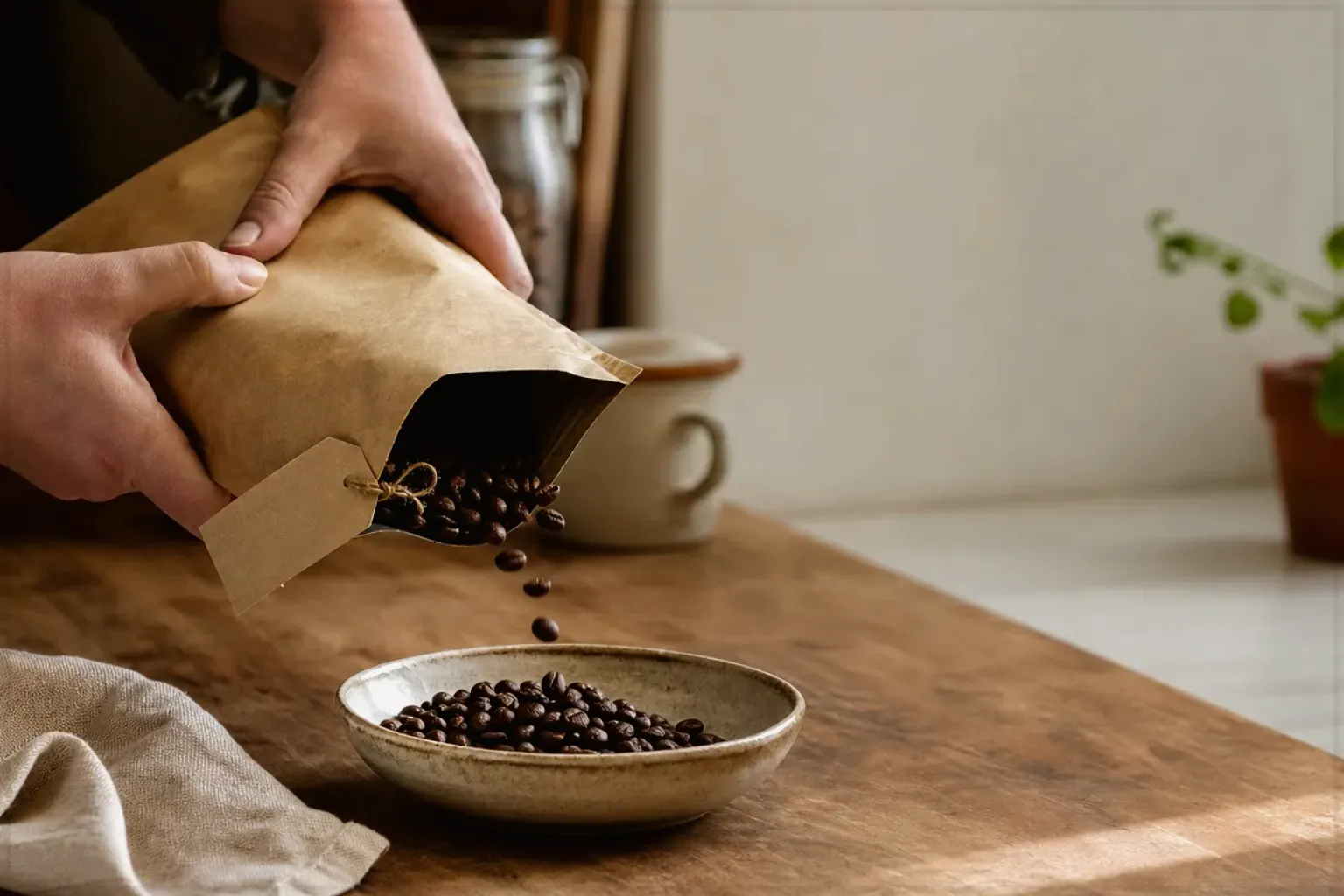 Hände füllen frisch geröstete Kaffeebohnen aus einer Papiertüte in eine Keramikschale – gezeigt für Kaffee schmeckt sauer: Ursachen gezielt finden im Redaktionsseite.