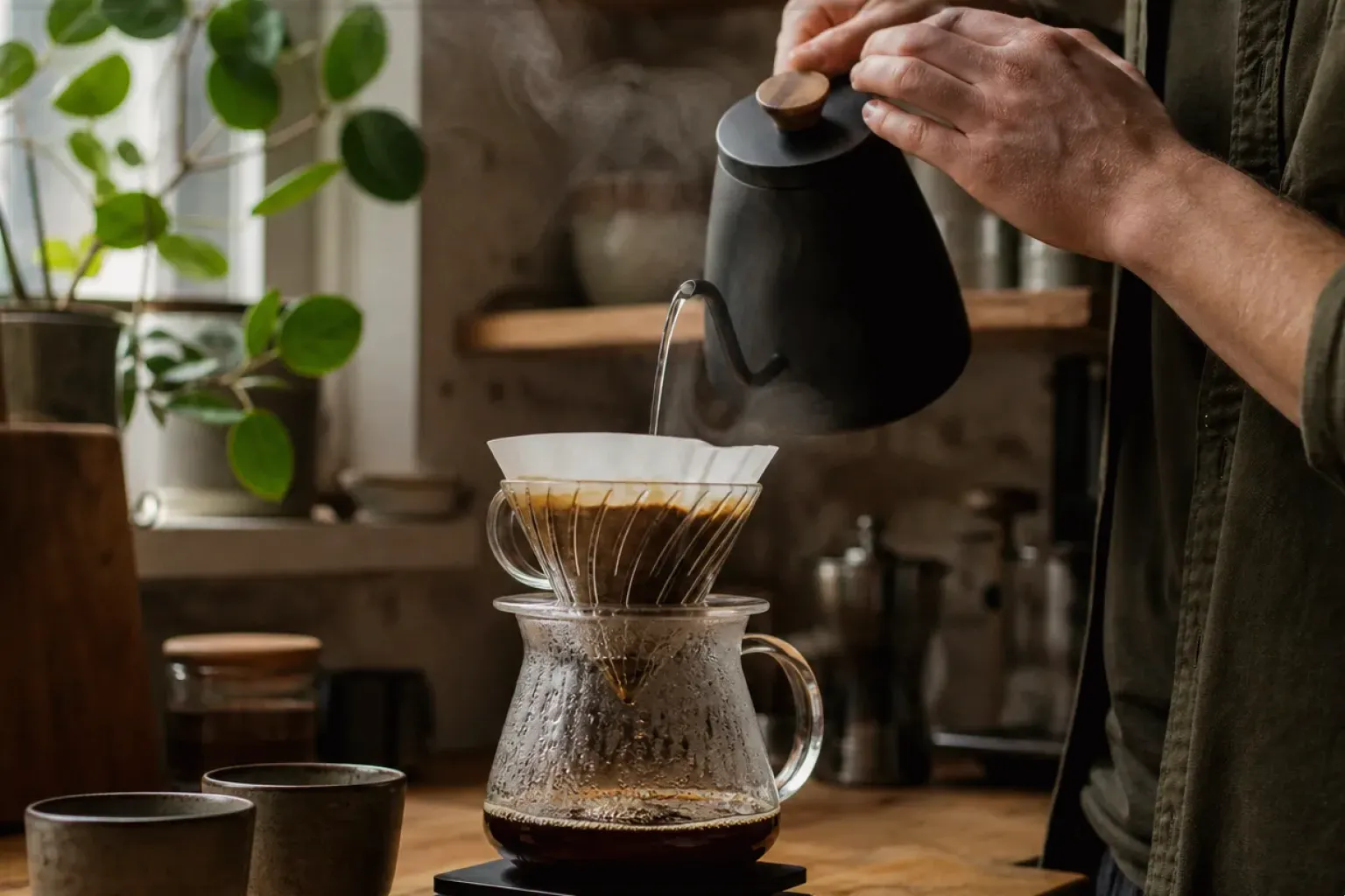 Filterkaffee wird mit einem Schwanenhalskessel von Hand in einer Küche aufgegossen – gezeigt für Kaffee schmeckt sauer: Ursachen gezielt finden im Redaktionsseite.