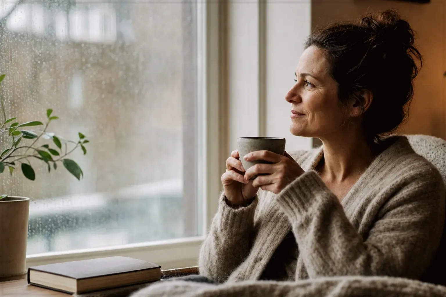 Eine Frau genießt an einem regnerischen Nachmittag ruhig eine Tasse Kaffee am Fenster – gezeigt für Kaffee schmeckt sauer: Ursachen gezielt finden im Redaktionsseite.