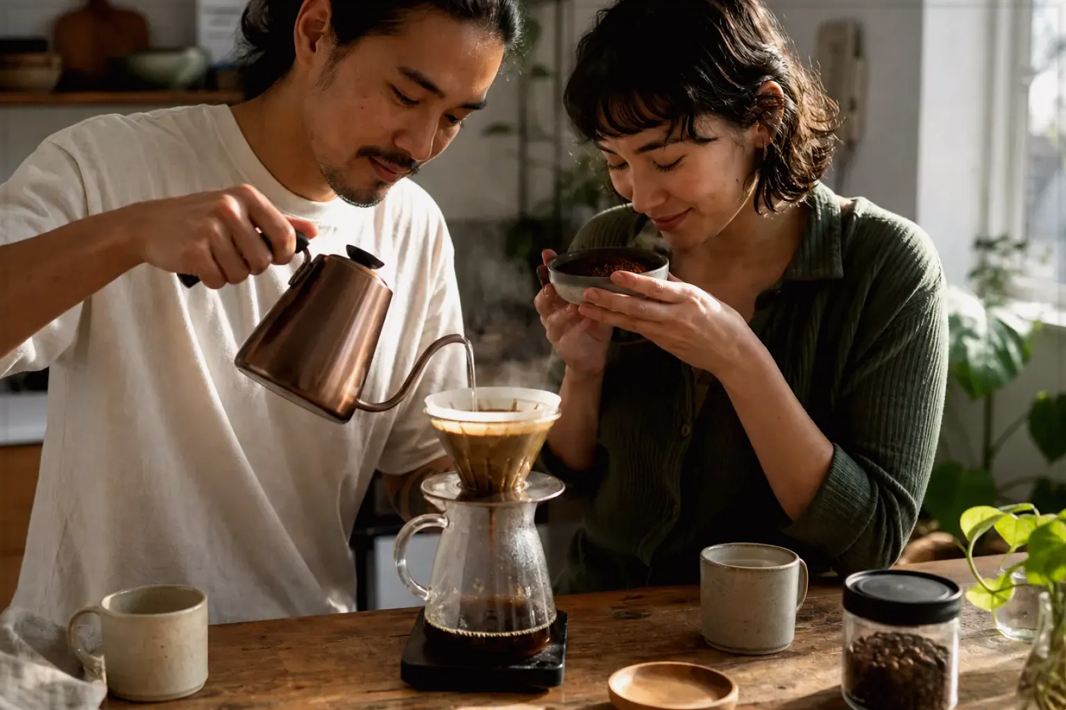 Zwei Menschen bereiten am Wochenende gemeinsam Filterkaffee mit einem Handfilter zu – gezeigt für Kaffee schmeckt sauer: Ursachen gezielt finden im Redaktionsseite.