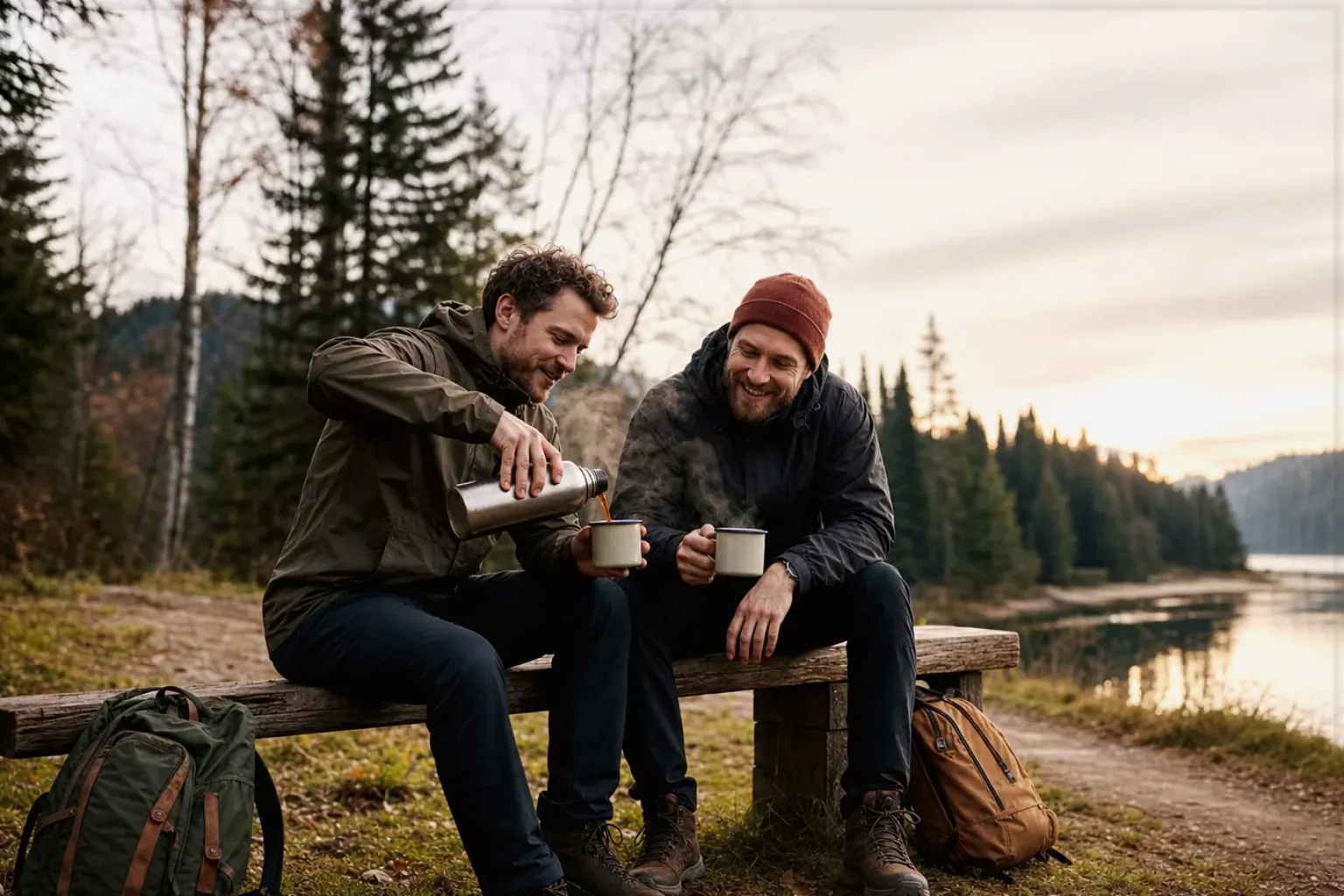 Zwei Freunde teilen auf einer Wanderung heißen Kaffee aus einer Thermoskanne am See – gezeigt für Kaffee schmeckt sauer: Ursachen gezielt finden im Redaktionsseite.