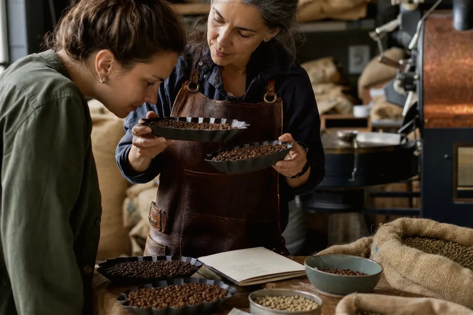 Eine Kaffeerösterin lässt eine Kundin in einer kleinen Rösterei verschiedene frisch geröstete Bohnen riechen – gezeigt für Kaffee schmeckt sauer: Ursachen gezielt finden im Redaktionsseite.
