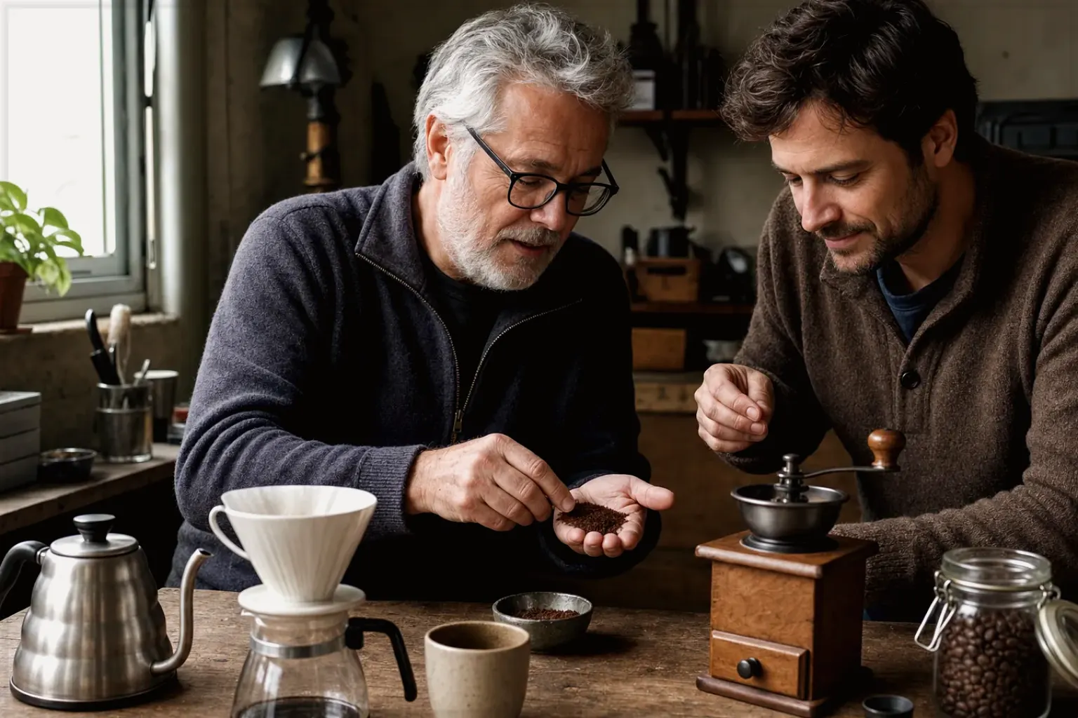 Ein älterer Kaffeeliebhaber zeigt einem jüngeren Erwachsenen gemahlenen Kaffee neben Handmühle und Filter – gezeigt für Kaffee schmeckt sauer: Ursachen gezielt finden im Redaktionsseite.