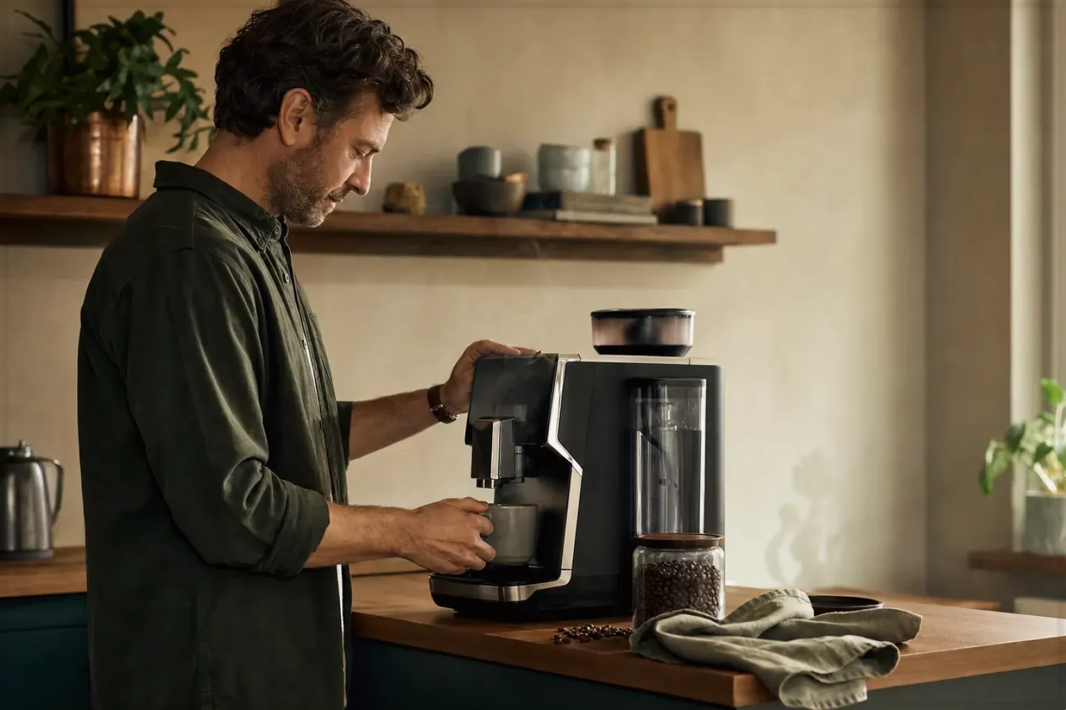 Ein Mann bereitet morgens Kaffee in seiner Küche zu – gezeigt für Kaffee schmeckt sauer: Ursachen gezielt finden im Redaktionsseite.