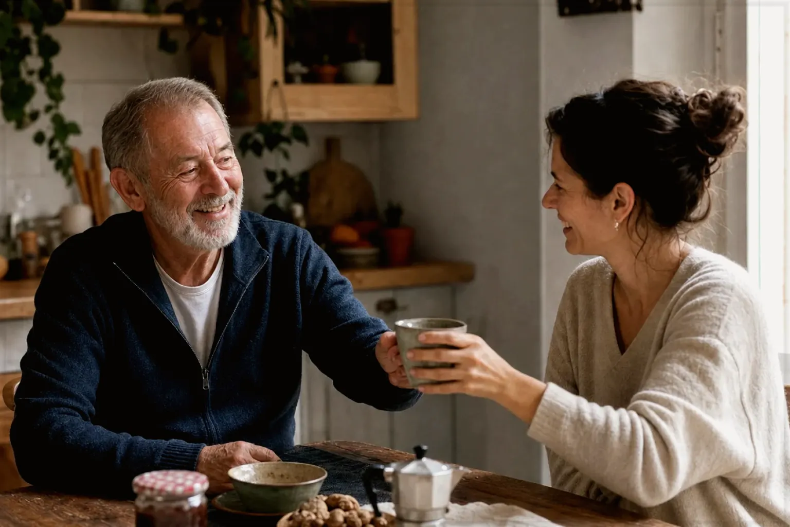 Eine erwachsene Tochter und ihr älterer Vater lachen gemeinsam beim Kaffee in ihrer Küche – gezeigt für Kaffee schmeckt sauer: Ursachen gezielt finden im Redaktionsseite.