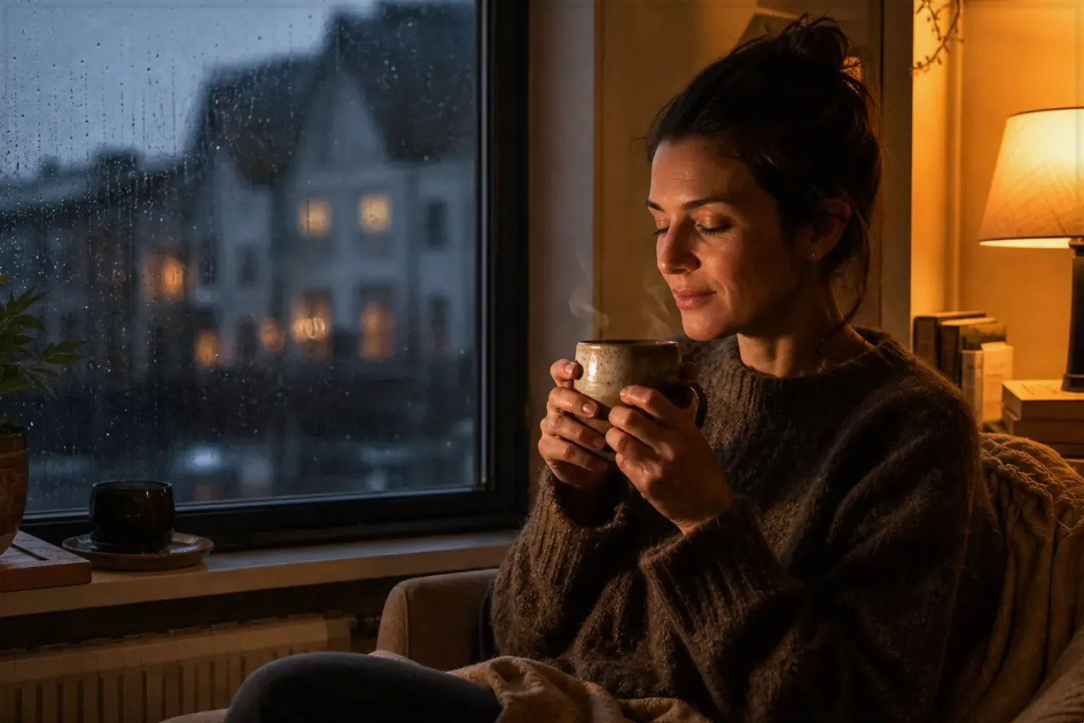 Eine Frau genießt an einem regnerischen Abend ruhig eine warme Tasse Kaffee am Fenster – gezeigt für Kaffee schmeckt sauer: Ursachen gezielt finden im Redaktionsseite.
