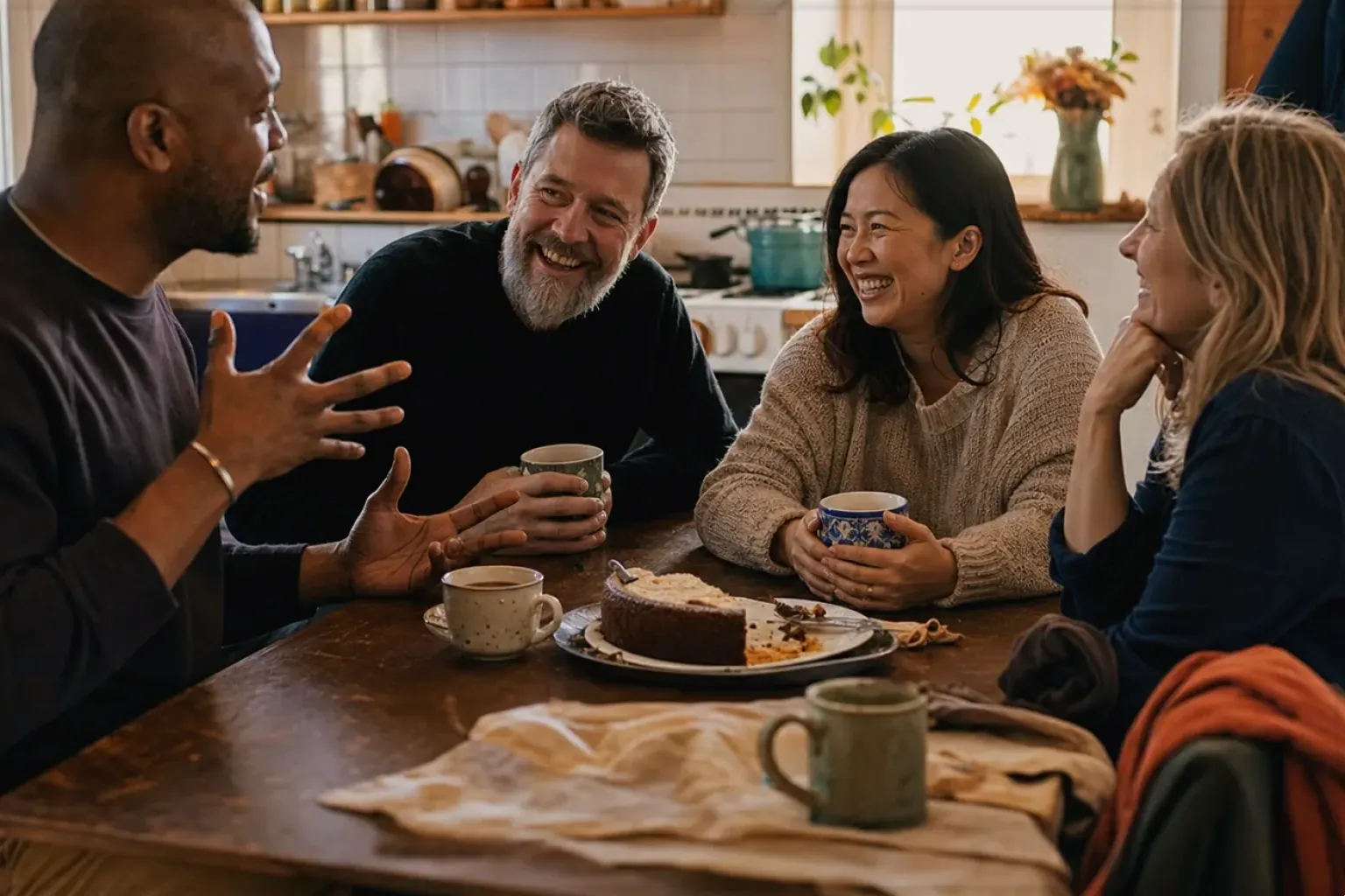 Vier erwachsene Freunde lachen gemeinsam bei Kaffee und selbst gebackenem Kuchen – gezeigt für Kaffee schmeckt sauer: Ursachen gezielt finden im Redaktionsseite.