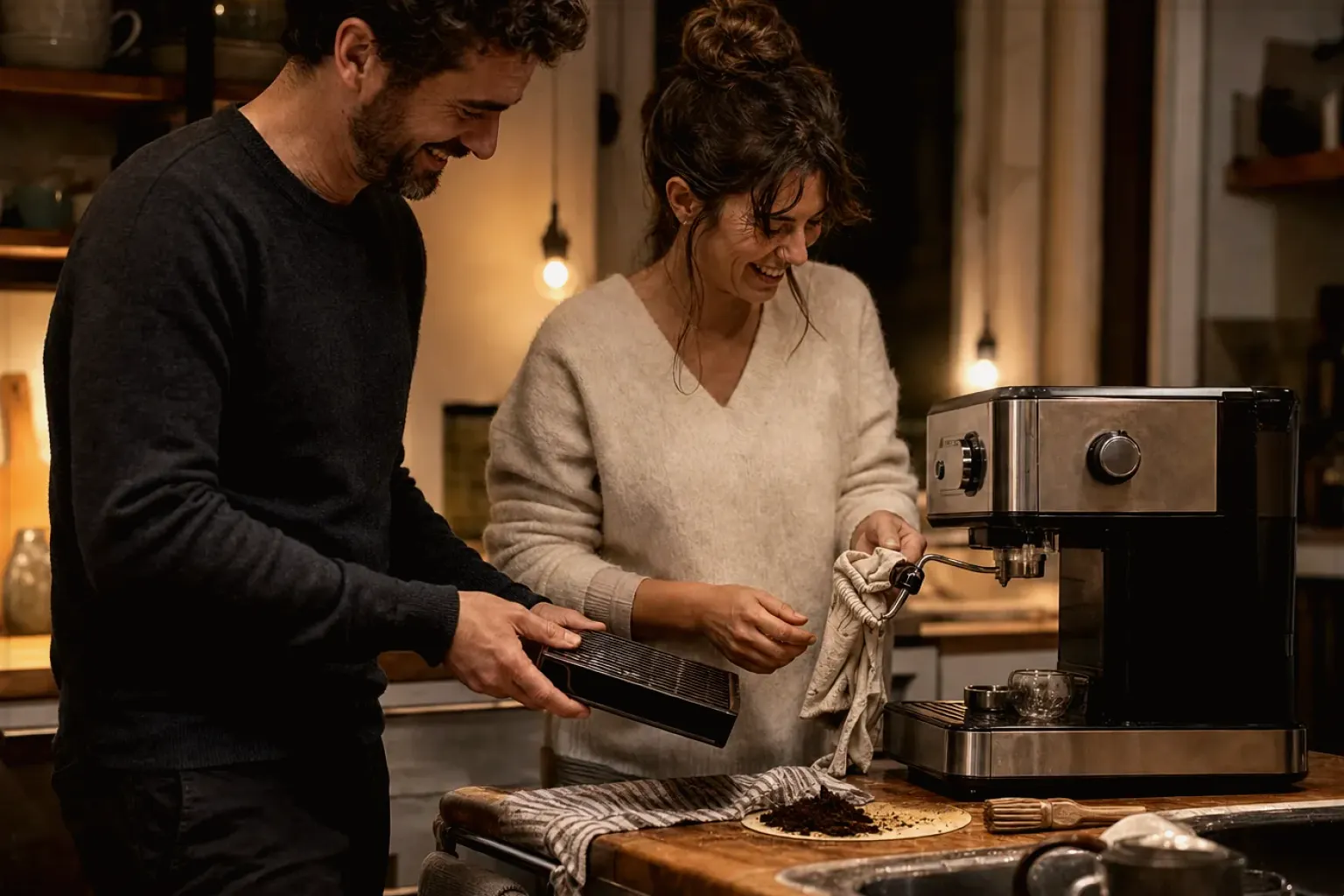 Ein Paar reinigt am Abend gemeinsam und gut gelaunt seine Espressomaschine in der Küche – gezeigt für Kaffee schmeckt sauer: Ursachen gezielt finden im Redaktionsseite.
