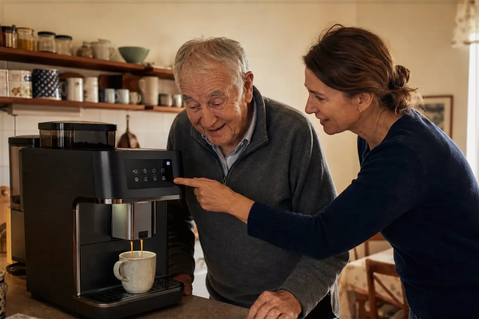 Eine erwachsene Tochter erklärt ihrem Vater verständlich die Bedienung eines Kaffeevollautomaten.