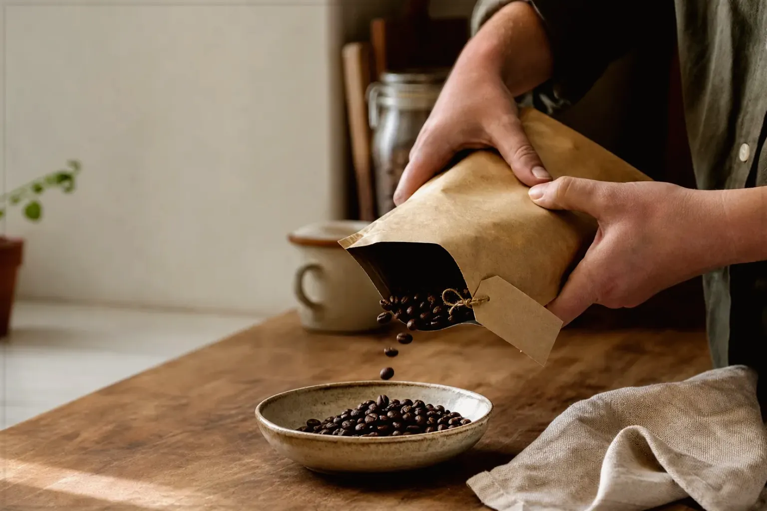 Hände füllen frisch geröstete Kaffeebohnen aus einer Papiertüte in eine Keramikschale – gezeigt für Kaffeevollautomat richtig reinigen im Redaktionsseite.