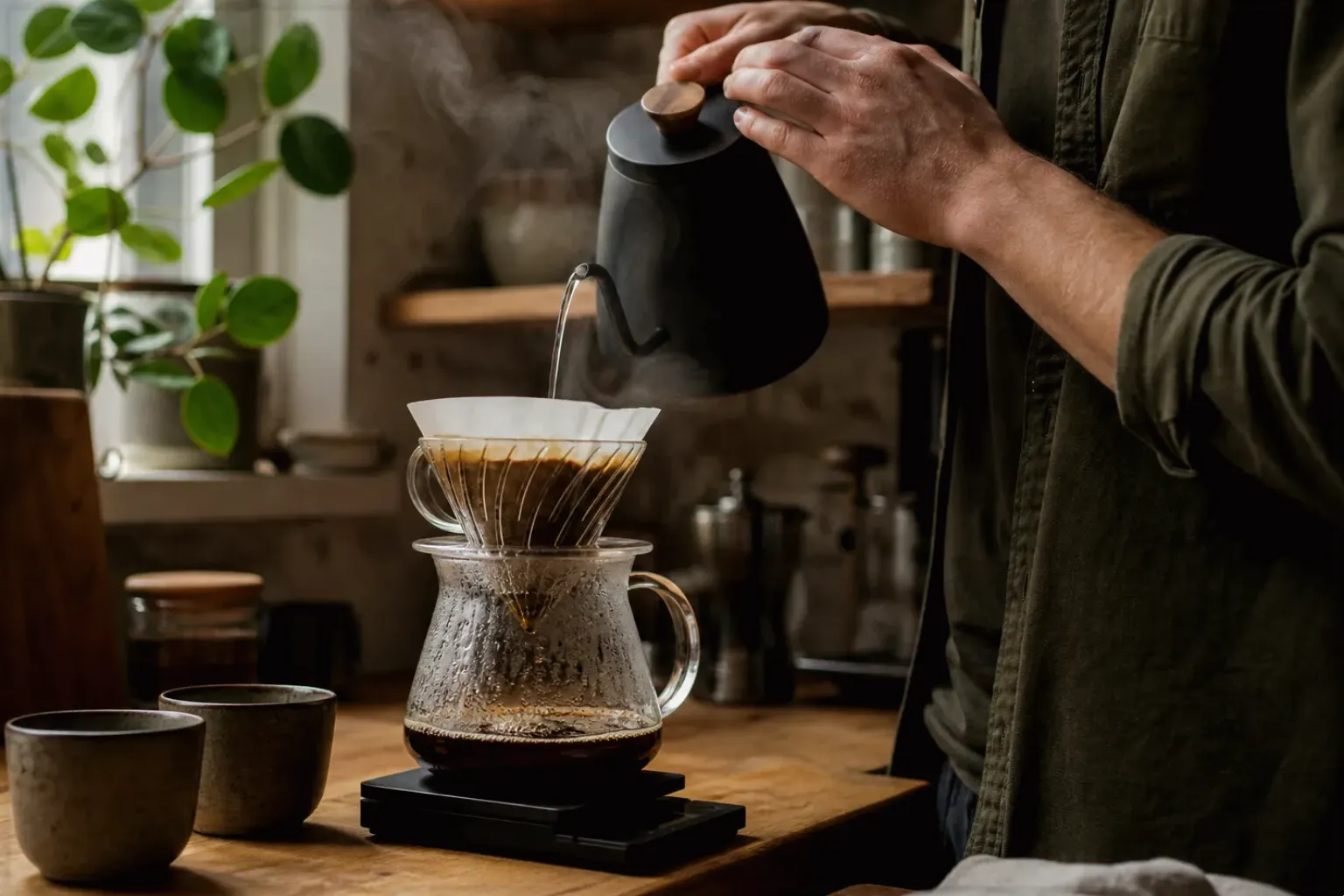 Filterkaffee wird mit einem Schwanenhalskessel von Hand in einer Küche aufgegossen – gezeigt für Kaffeevollautomat richtig reinigen im Redaktionsseite.