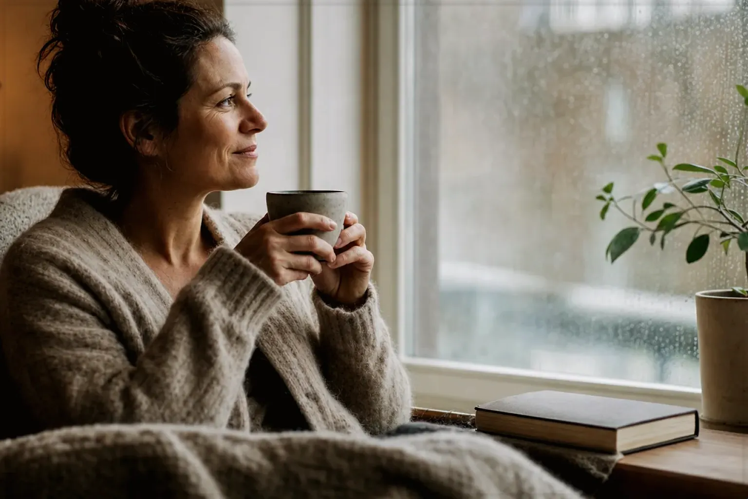 Eine Frau genießt an einem regnerischen Nachmittag ruhig eine Tasse Kaffee am Fenster – gezeigt für Kaffeevollautomat richtig reinigen im Redaktionsseite.