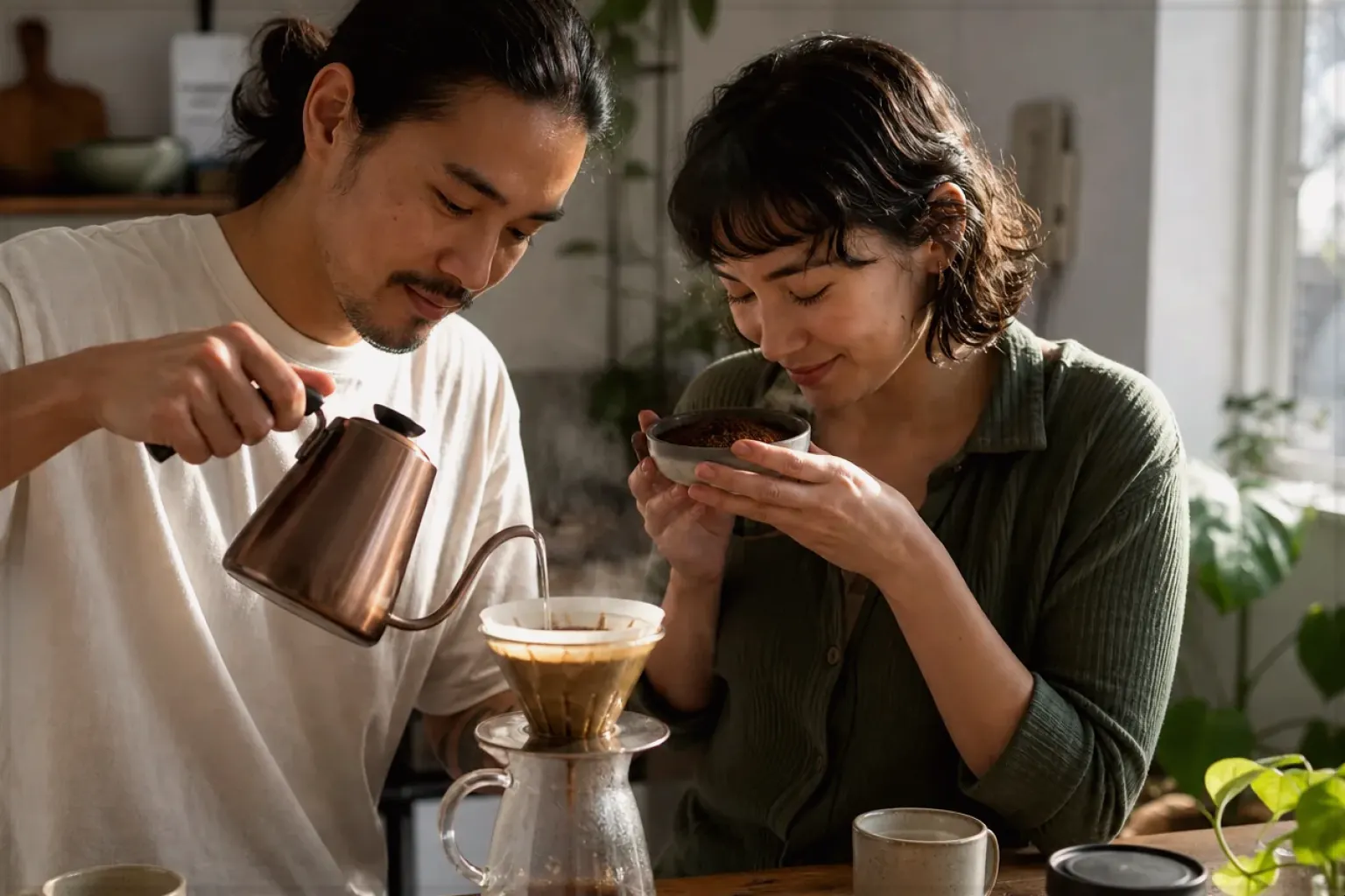 Zwei Menschen bereiten am Wochenende gemeinsam Filterkaffee mit einem Handfilter zu – gezeigt für Kaffeevollautomat richtig reinigen im Redaktionsseite.