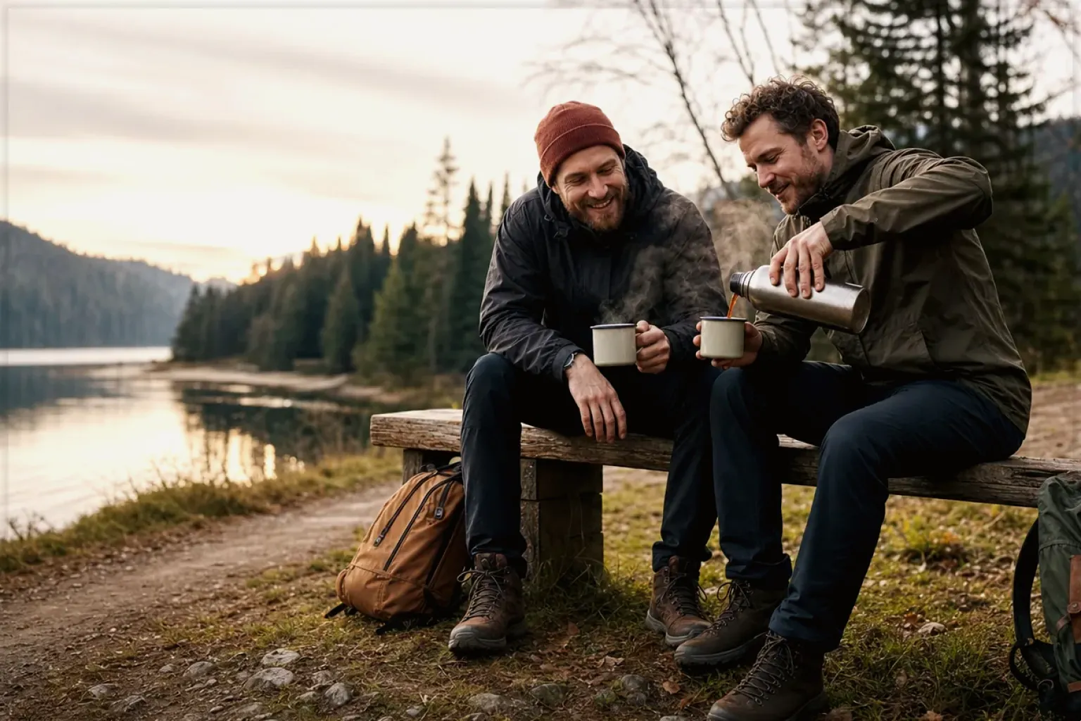 Zwei Freunde teilen auf einer Wanderung heißen Kaffee aus einer Thermoskanne am See – gezeigt für Kaffeevollautomat richtig reinigen im Redaktionsseite.