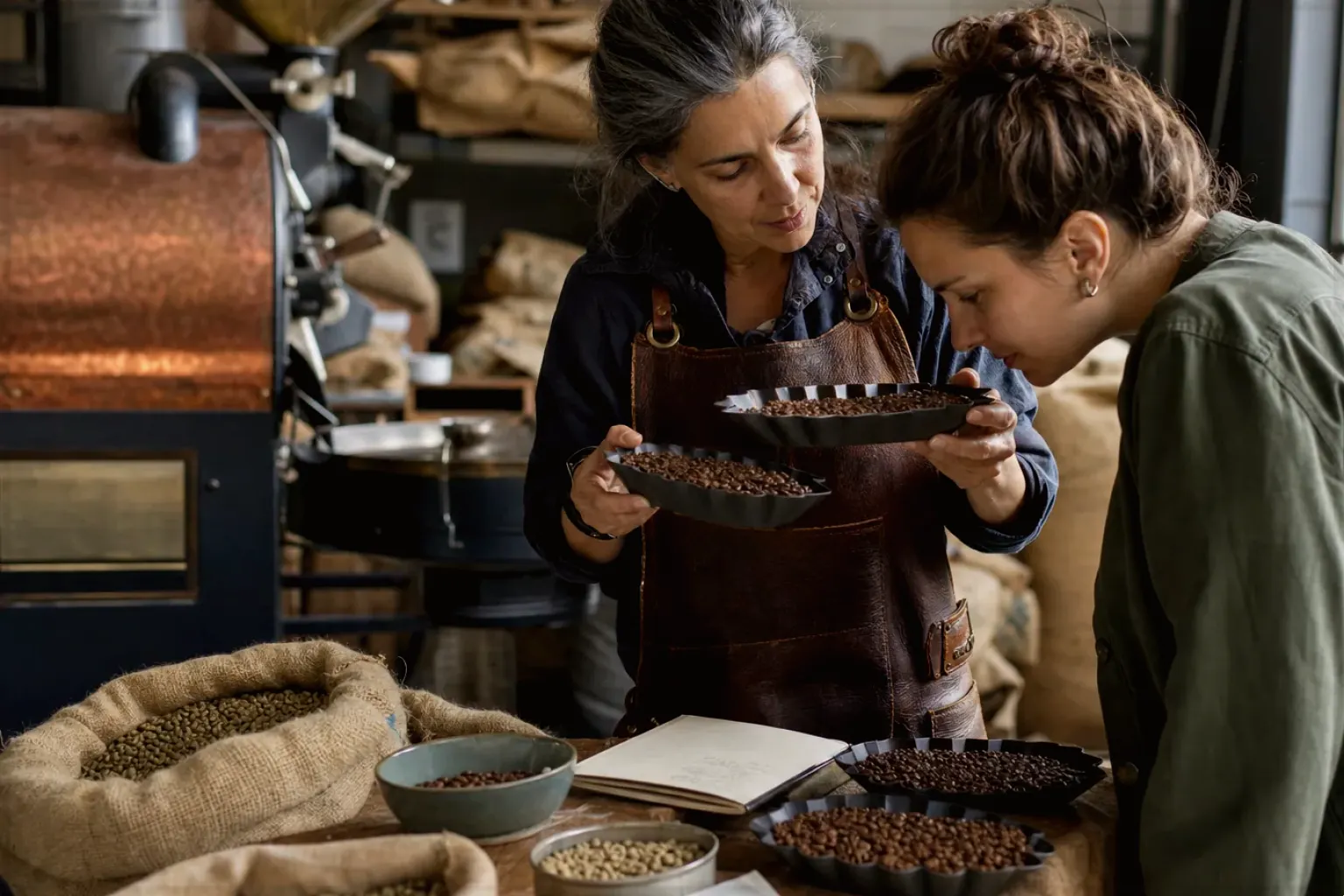 Eine Kaffeerösterin lässt eine Kundin in einer kleinen Rösterei verschiedene frisch geröstete Bohnen riechen – gezeigt für Kaffeevollautomat richtig reinigen im Redaktionsseite.