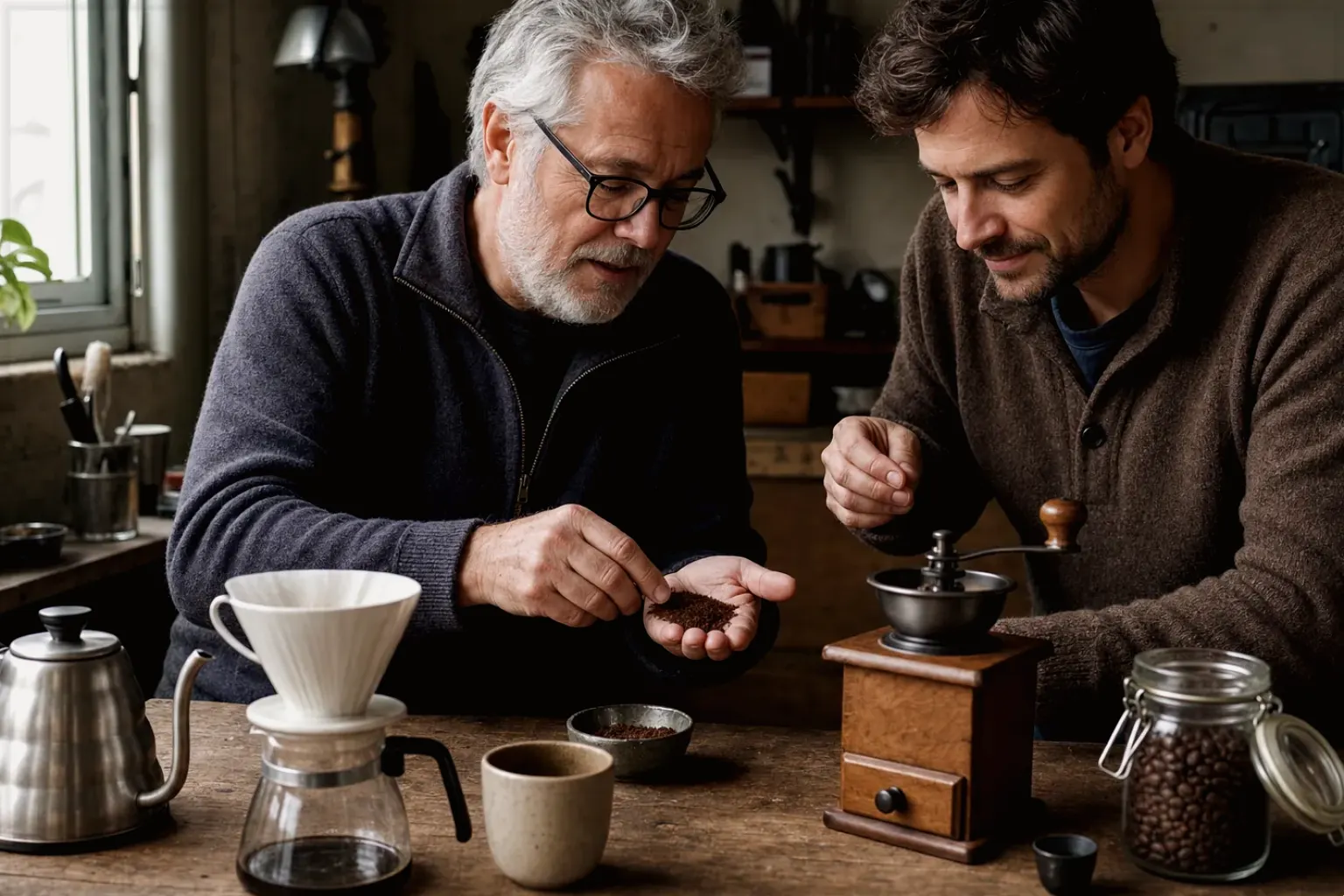 Ein älterer Kaffeeliebhaber zeigt einem jüngeren Erwachsenen gemahlenen Kaffee neben Handmühle und Filter – gezeigt für Kaffeevollautomat richtig reinigen im Redaktionsseite.