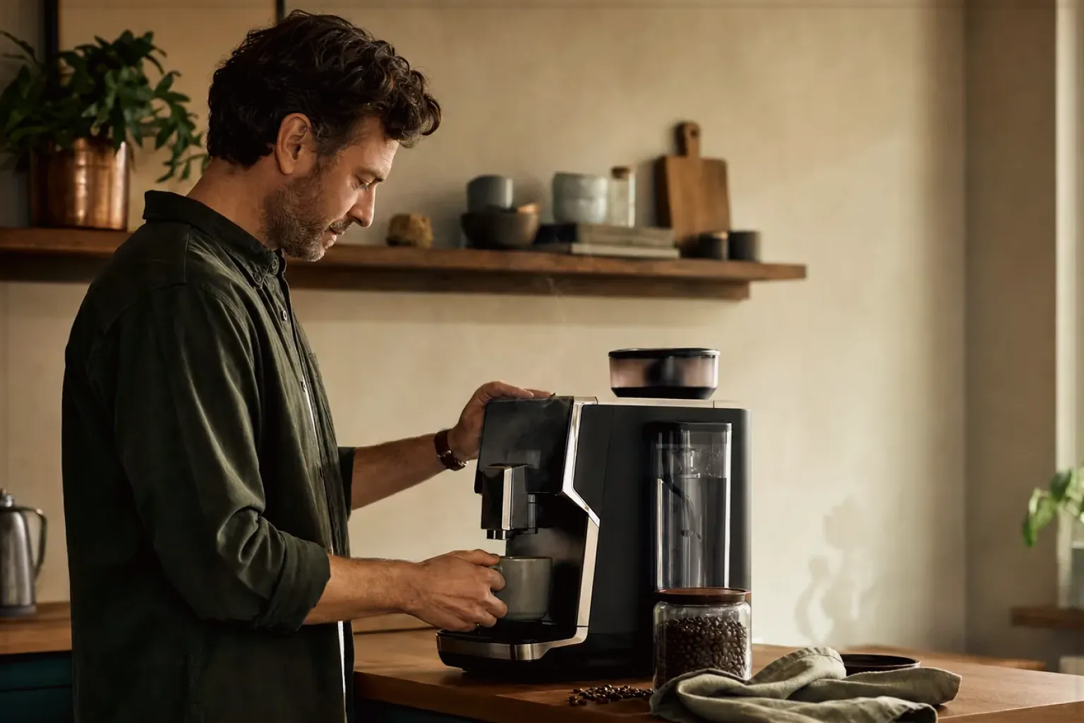Ein Mann bereitet morgens Kaffee in seiner Küche zu – gezeigt für Kaffeevollautomat richtig reinigen im Redaktionsseite.