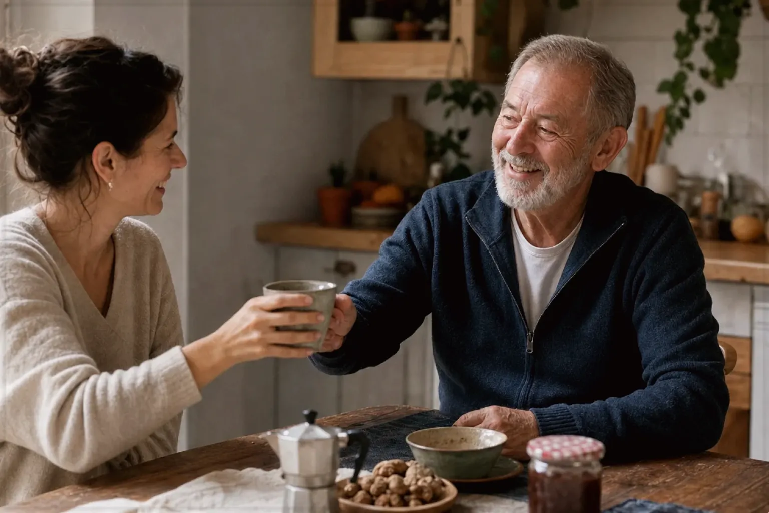 Eine erwachsene Tochter und ihr älterer Vater lachen gemeinsam beim Kaffee in ihrer Küche – gezeigt für Kaffeevollautomat richtig reinigen im Redaktionsseite.