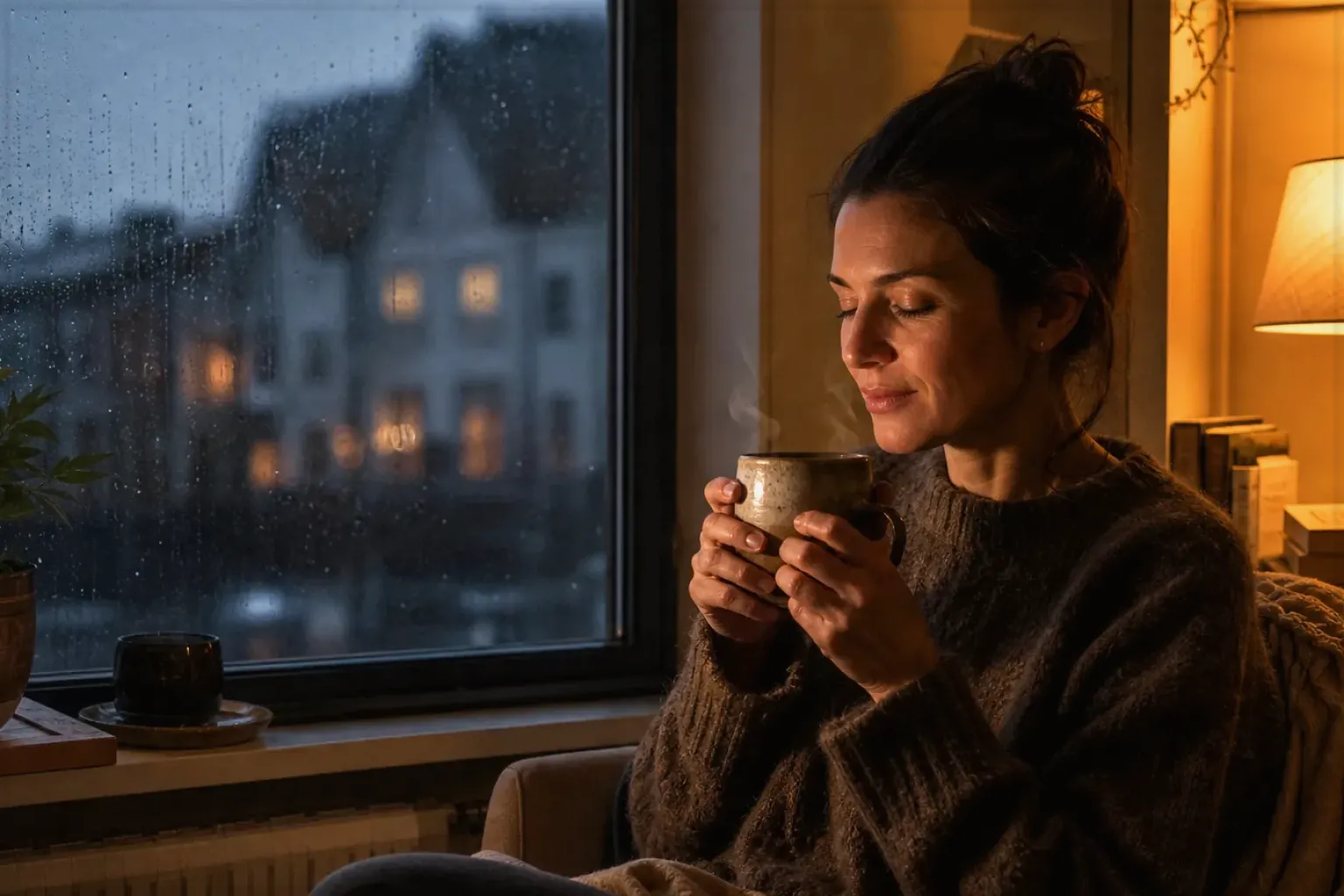 Eine Frau genießt an einem regnerischen Abend ruhig eine warme Tasse Kaffee am Fenster – gezeigt für Kaffeevollautomat richtig reinigen im Redaktionsseite.