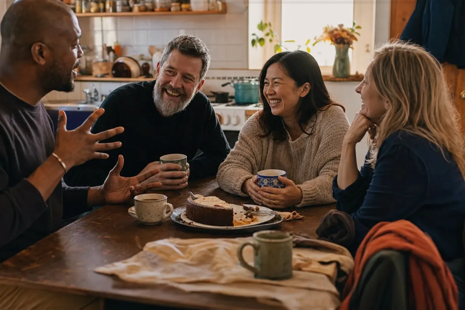 Vier erwachsene Freunde lachen gemeinsam bei Kaffee und selbst gebackenem Kuchen – gezeigt für Kaffeevollautomat richtig reinigen im Redaktionsseite.
