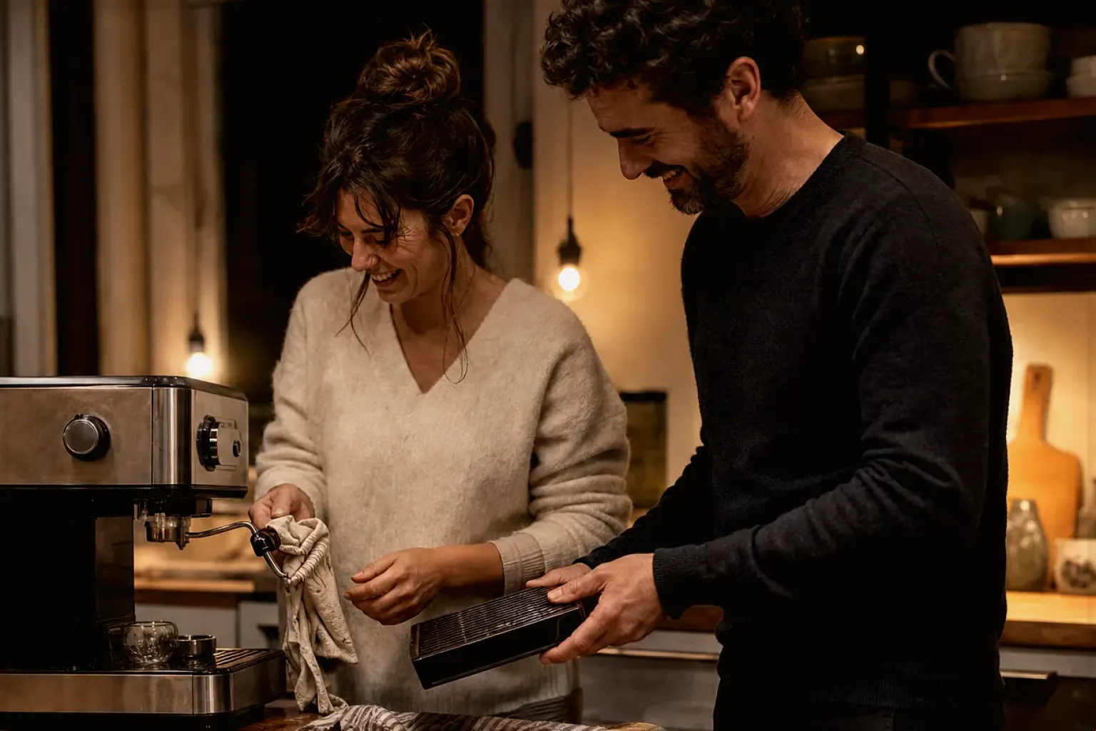 Ein Paar reinigt am Abend gemeinsam und gut gelaunt seine Espressomaschine in der Küche – gezeigt für Kaffeevollautomat richtig reinigen im Redaktionsseite.