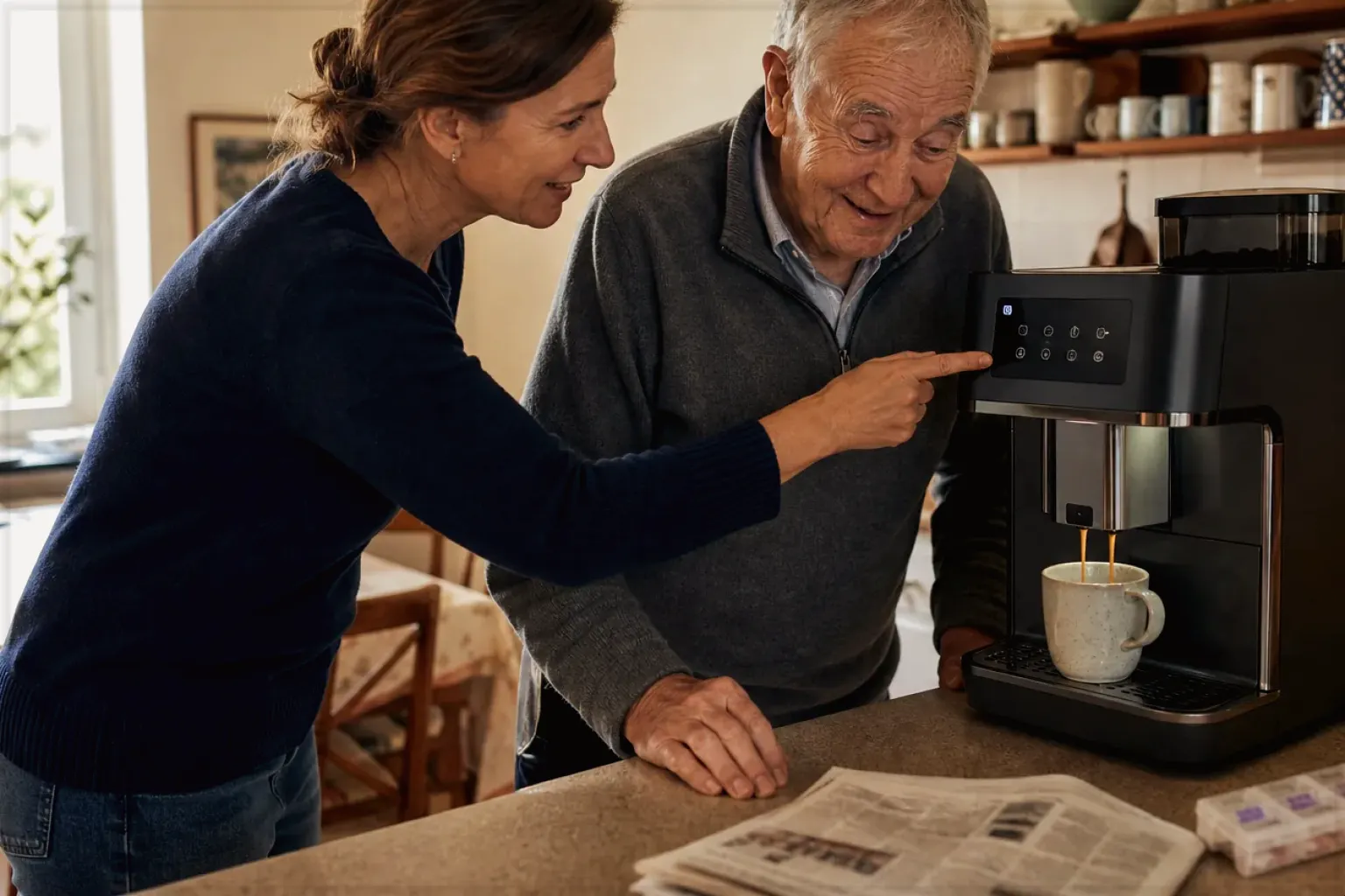 Eine erwachsene Tochter erklärt ihrem Vater verständlich die Bedienung eines Kaffeevollautomaten.