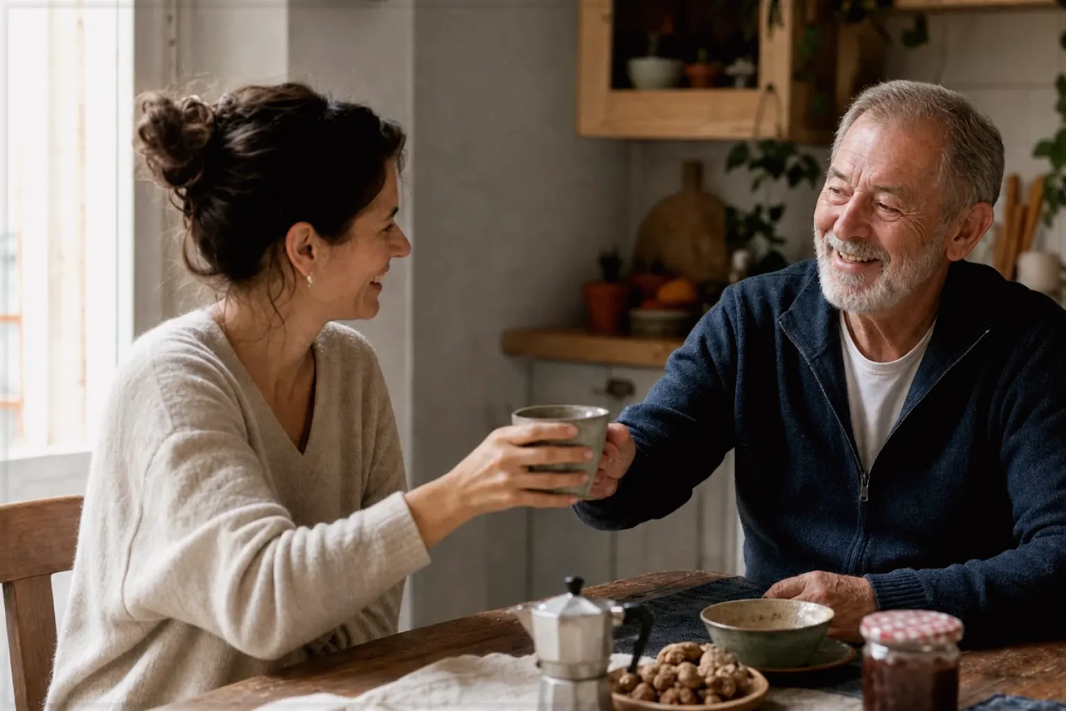 Eine erwachsene Tochter und ihr älterer Vater lachen gemeinsam beim Kaffee in ihrer bewohnten Küche – gezeigt für Kontakt zur Aromajuwel-Redaktion im Redaktionsseite.