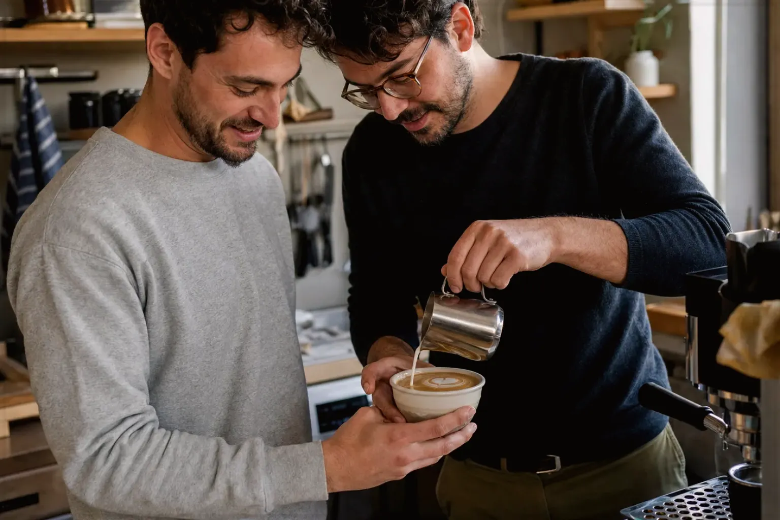 Zwei erwachsene Freunde freuen sich in einer kleinen Küche über ihre gemeinsam gegossene Latte Art – gezeigt für Kontakt zur Aromajuwel-Redaktion im Redaktionsseite.