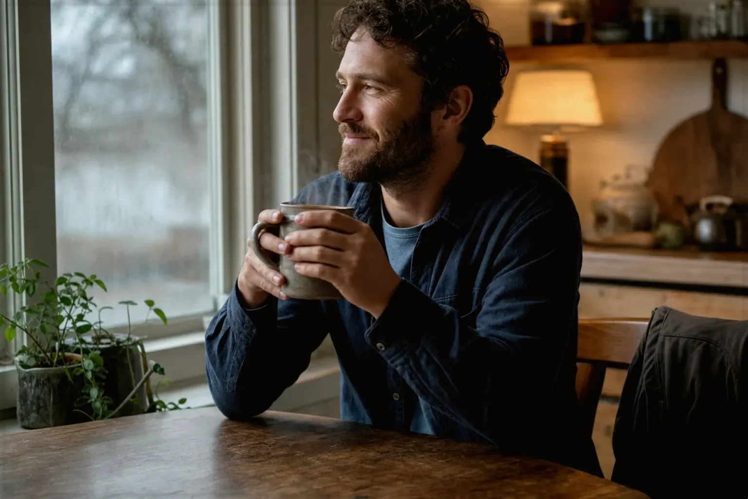 Ein Mann hält nach seinem Arbeitstag eine warme Kaffeetasse und blickt entspannt aus dem Küchenfenster – gezeigt für Kontakt zur Aromajuwel-Redaktion im Redaktionsseite.