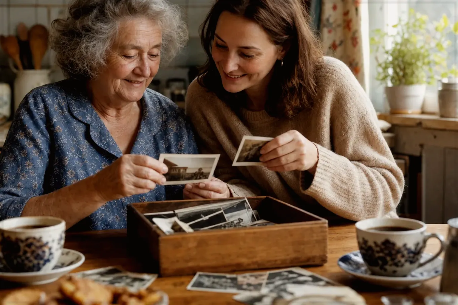 Eine ältere Frau und ihre erwachsene Enkelin betrachten bei Kaffee gemeinsam alte Familienfotos – gezeigt für Kontakt zur Aromajuwel-Redaktion im Redaktionsseite.