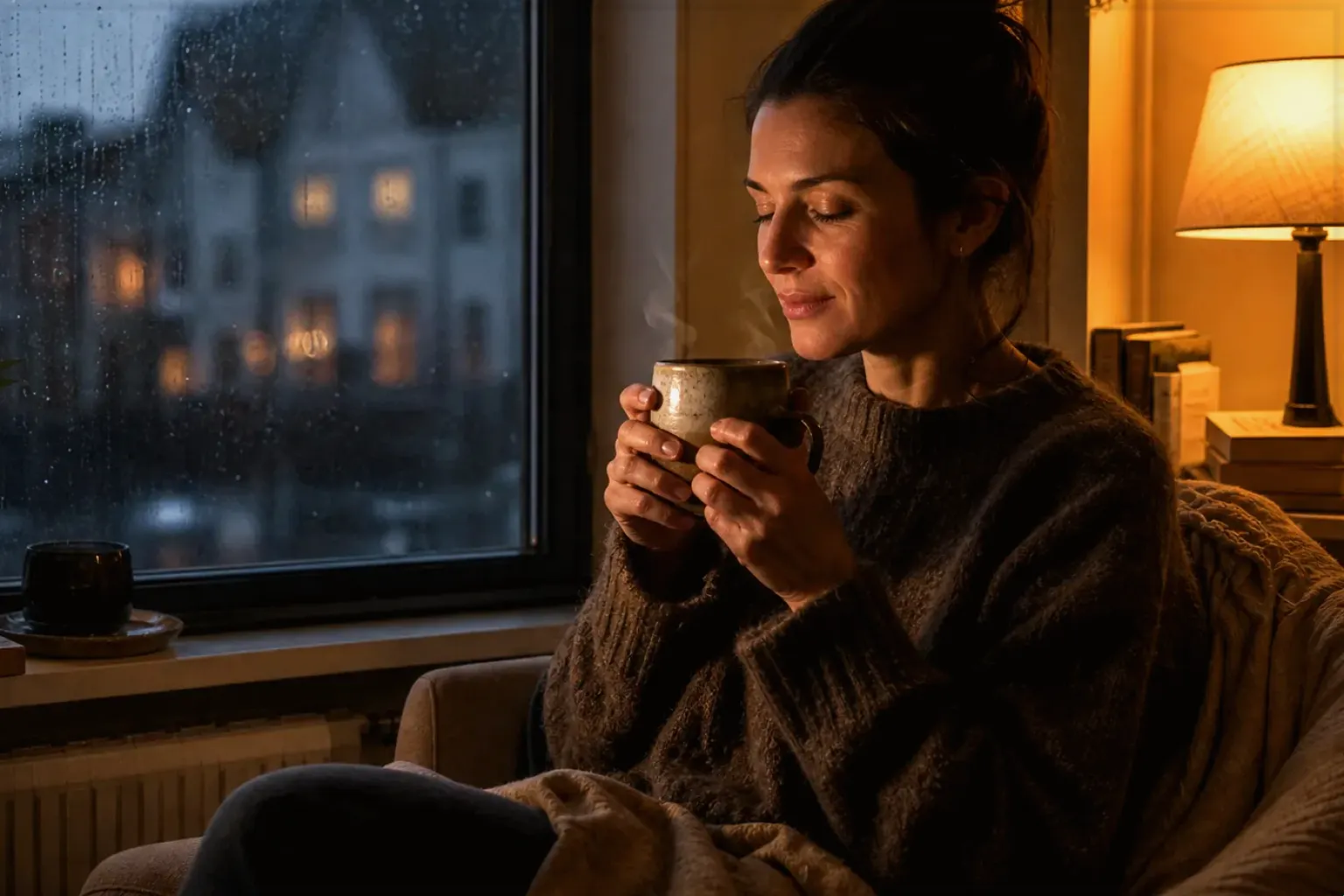 Eine Frau genießt an einem regnerischen Abend ruhig eine warme Tasse Kaffee am Fenster – gezeigt für Kontakt zur Aromajuwel-Redaktion im Redaktionsseite.