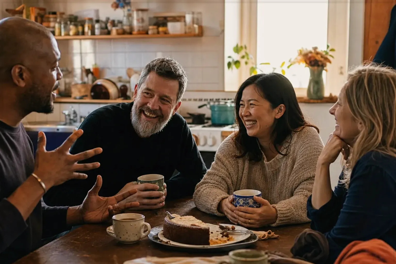 Vier erwachsene Freunde verschiedener Altersgruppen lachen gemeinsam bei Kaffee und selbst gebackenem Kuchen – gezeigt für Kontakt zur Aromajuwel-Redaktion im Redaktionsseite.