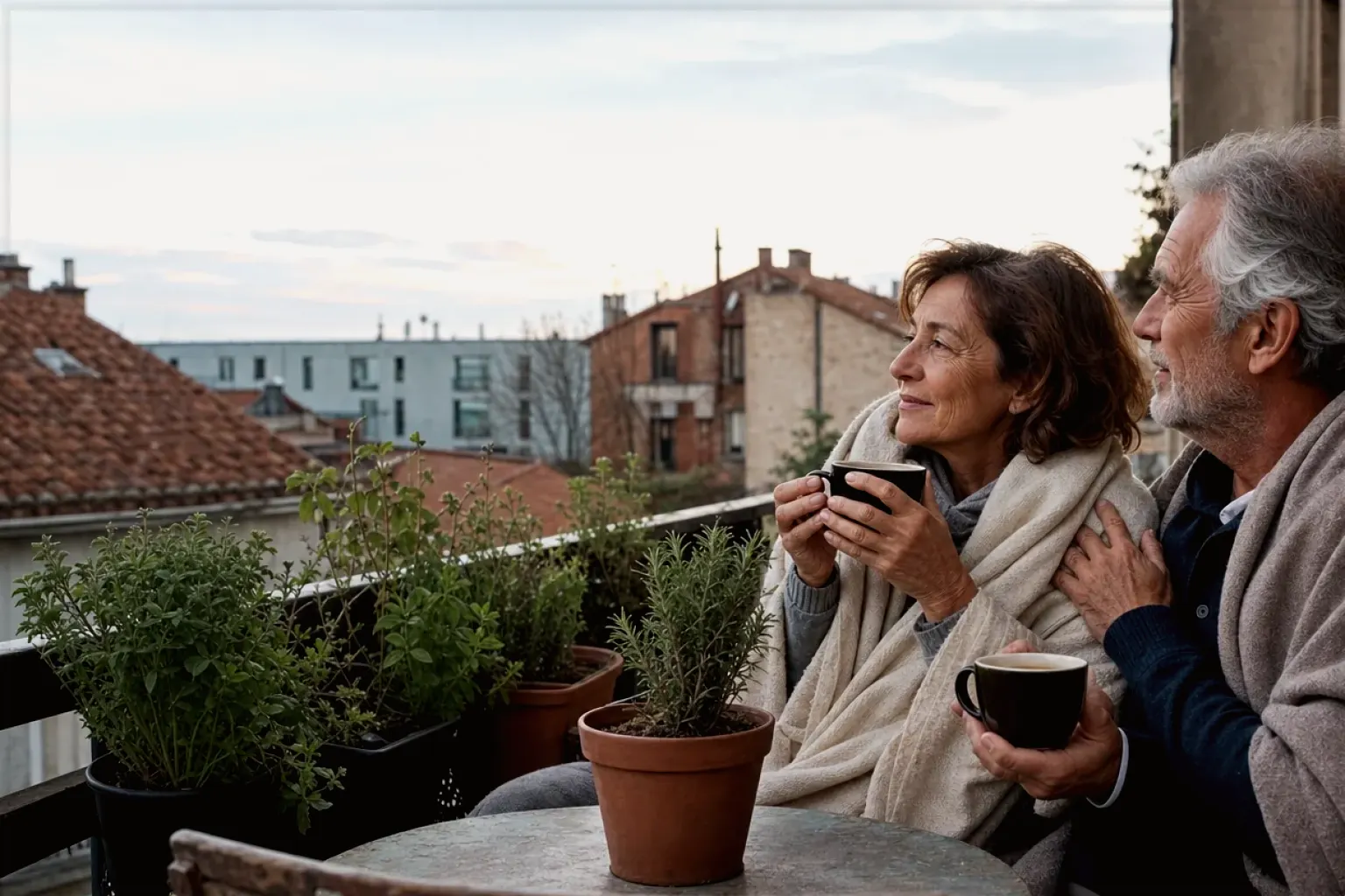 Ein älteres Paar teilt am frühen Morgen Kaffee auf einem kleinen Balkon – gezeigt für Kontakt zur Aromajuwel-Redaktion im Redaktionsseite.