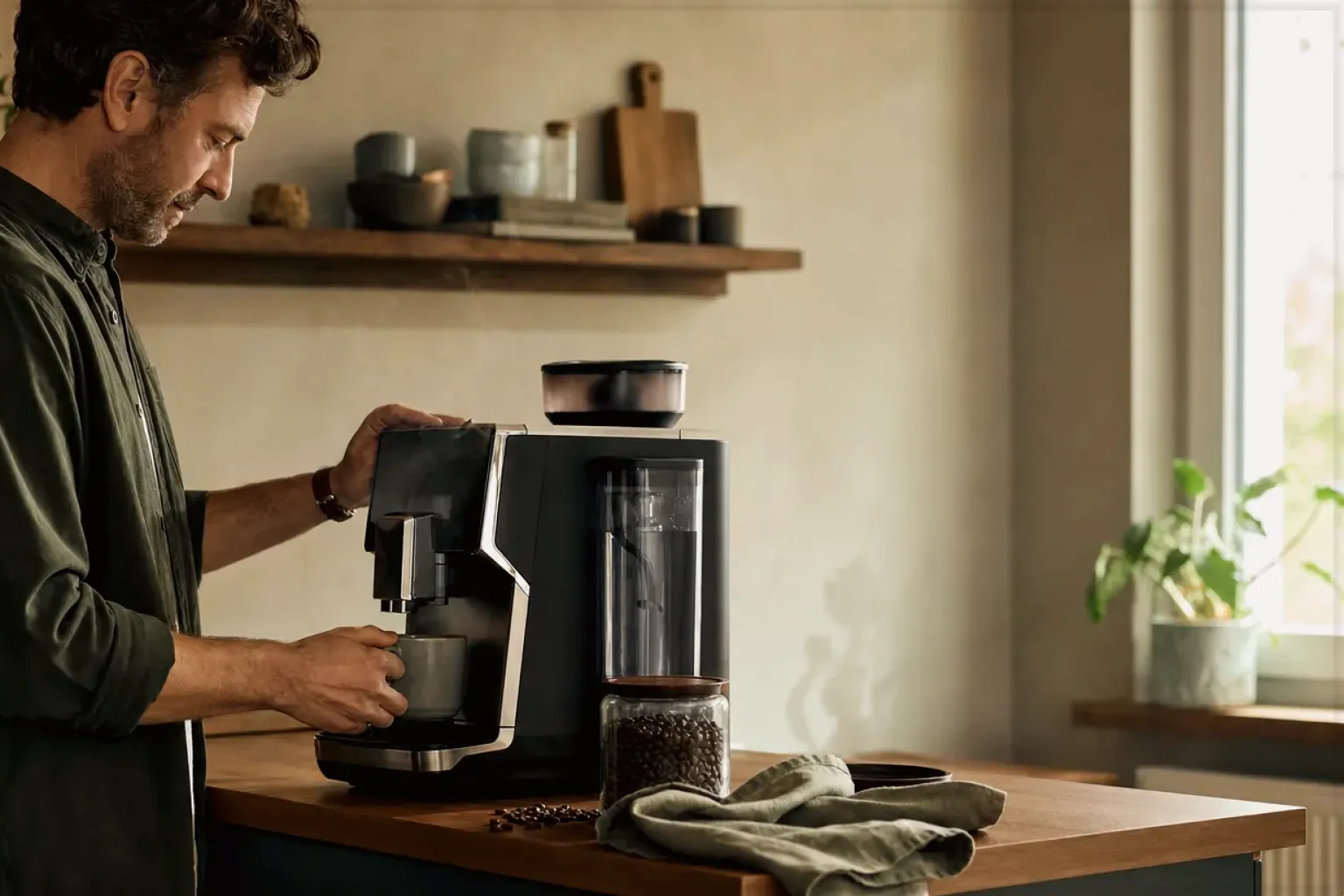 Ein Mann bereitet morgens Kaffee in seiner Küche zu – gezeigt für Kontakt zur Aromajuwel-Redaktion im Redaktionsseite.