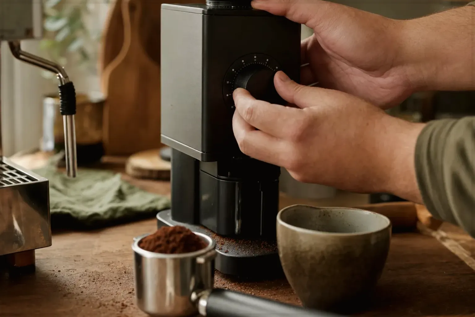Zwei Hände stellen den Mahlgrad an einer Kaffeemühle neben einer Espressomaschine ein – gezeigt für Kontakt zur Aromajuwel-Redaktion im Redaktionsseite.